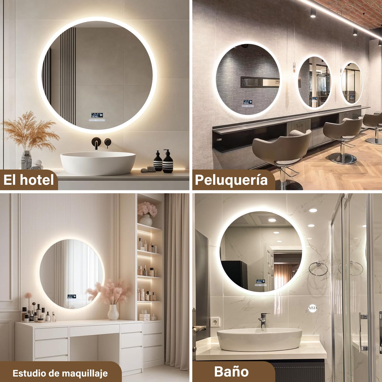 Genérico Espejo de Pared para baño LED Redondos 60x60CM con Interruptor táctil de iluminación y antivaho, Espejo de Pared con 3 Colores de luz Ajustables [Clase energética E]
