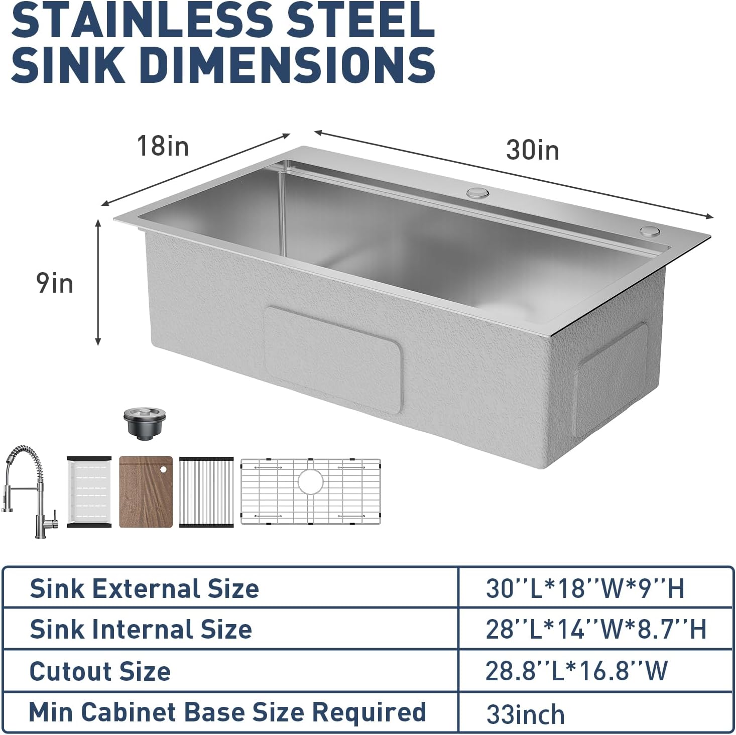 Drop in Kitchen Sink with Pull Down Spring Faucet, 30x18x9 Inch Stainless Steel Single Bowl Workstation Sink with Accessories for Kitchen(Silver)