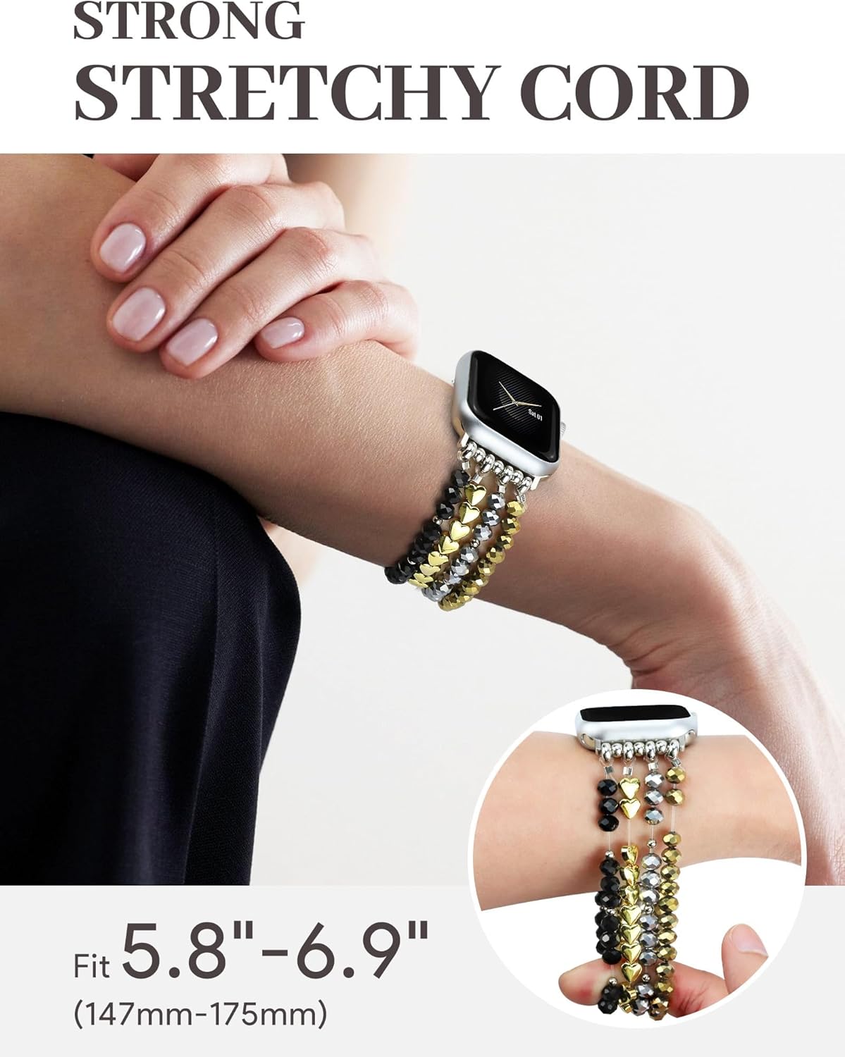 JR.DM Beaded Bracelet Bands for women Compatible with Apple Watch 40mm 38mm 41mm 44mm 42mm(S10/11) Fashion Cute Dressy Stretchy Handmade Strap for iWatch Series 11/10/9/8/7/6/5/4/SE 3/2/1(Black/Gold) - Image 3