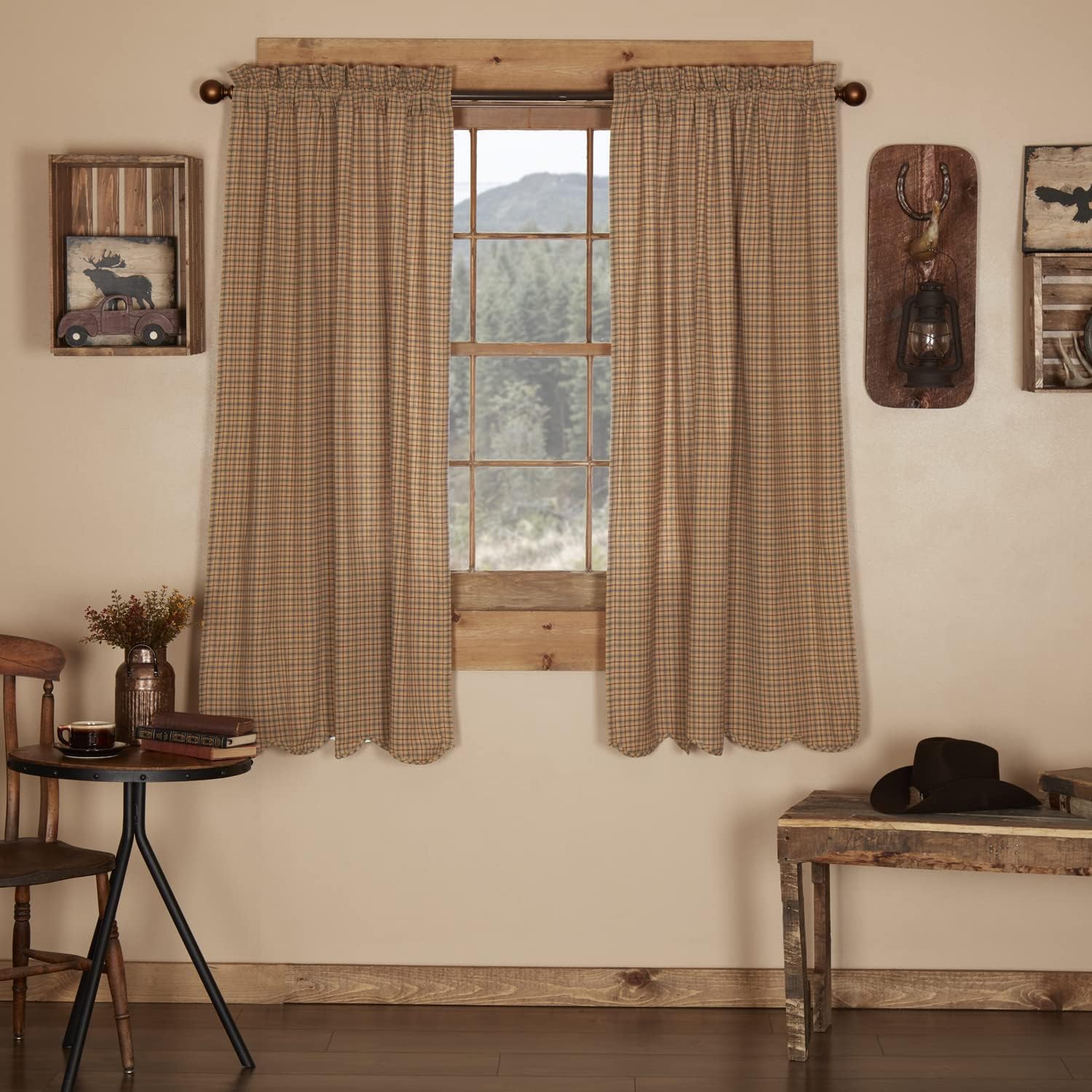 VHC Brands Millsboro Window Curtains, Short Panel Scalloped Set of 2, Tan, 63x36