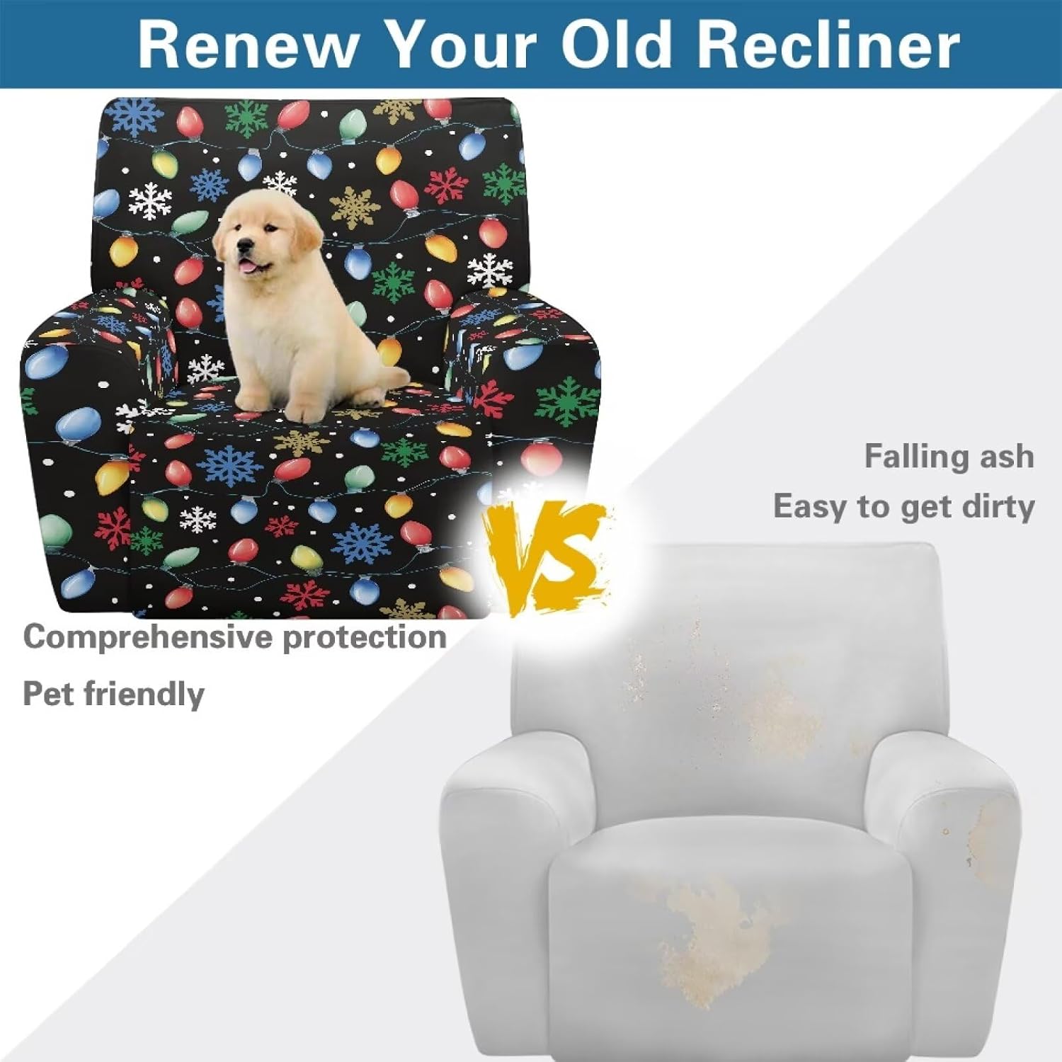 Christmas Lights Chair Covers for Recliner Wear Resistant Reclining Protector Breathable Soft Lazyboy Chair Cover Large Universal Furniture Slipcovers, Xmas Snowflake