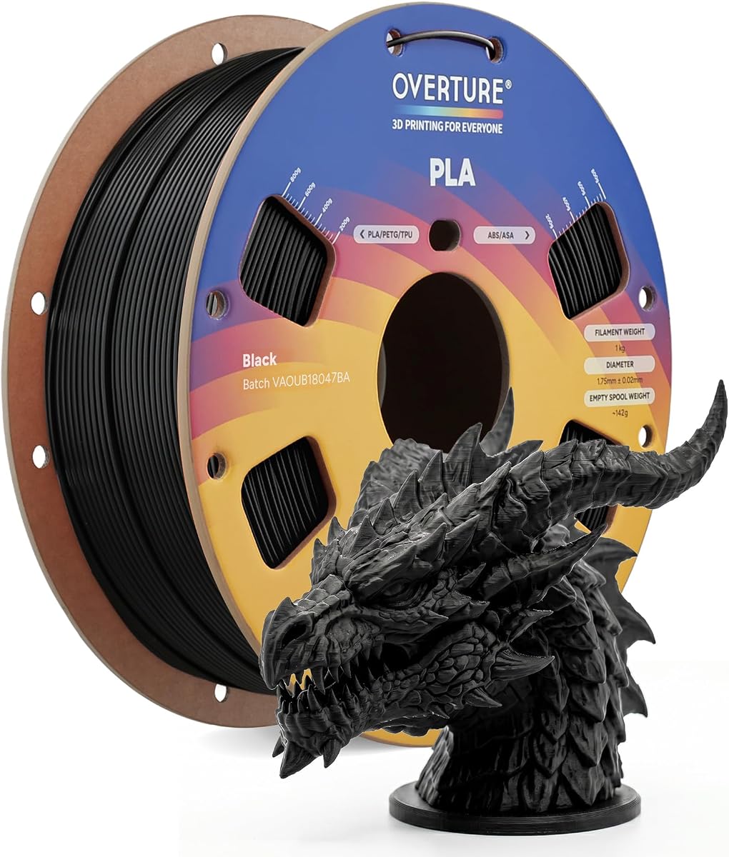 OVERTURE High Speed PLA Filament 1.75mm 3D Printer Filament,1kg Black | Neatly Wound 1kg Spool (2.2lbs) Rapid PLA, Dimensional Accuracy +/- 0.02 mm, Fit Most FDM 3D Printers (Black)