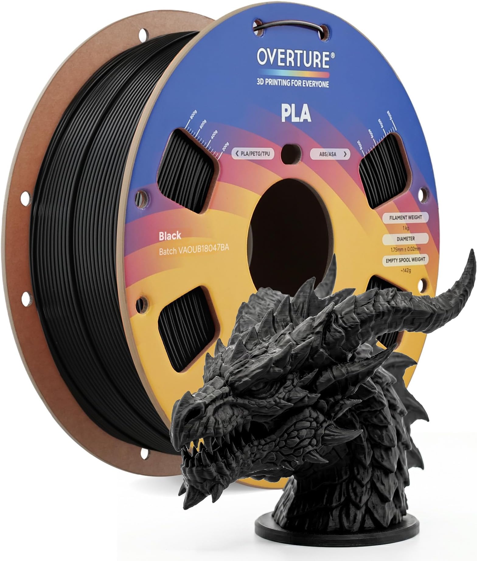 OVERTURE PLA Filament 1.75mm, Neatly Wound 3D Printer Filament 1kg Spool (2.2lbs), Dimensional Accuracy +/- 0.02 mm, Fit Most FDM 3D Printers (Black 1-Pack)