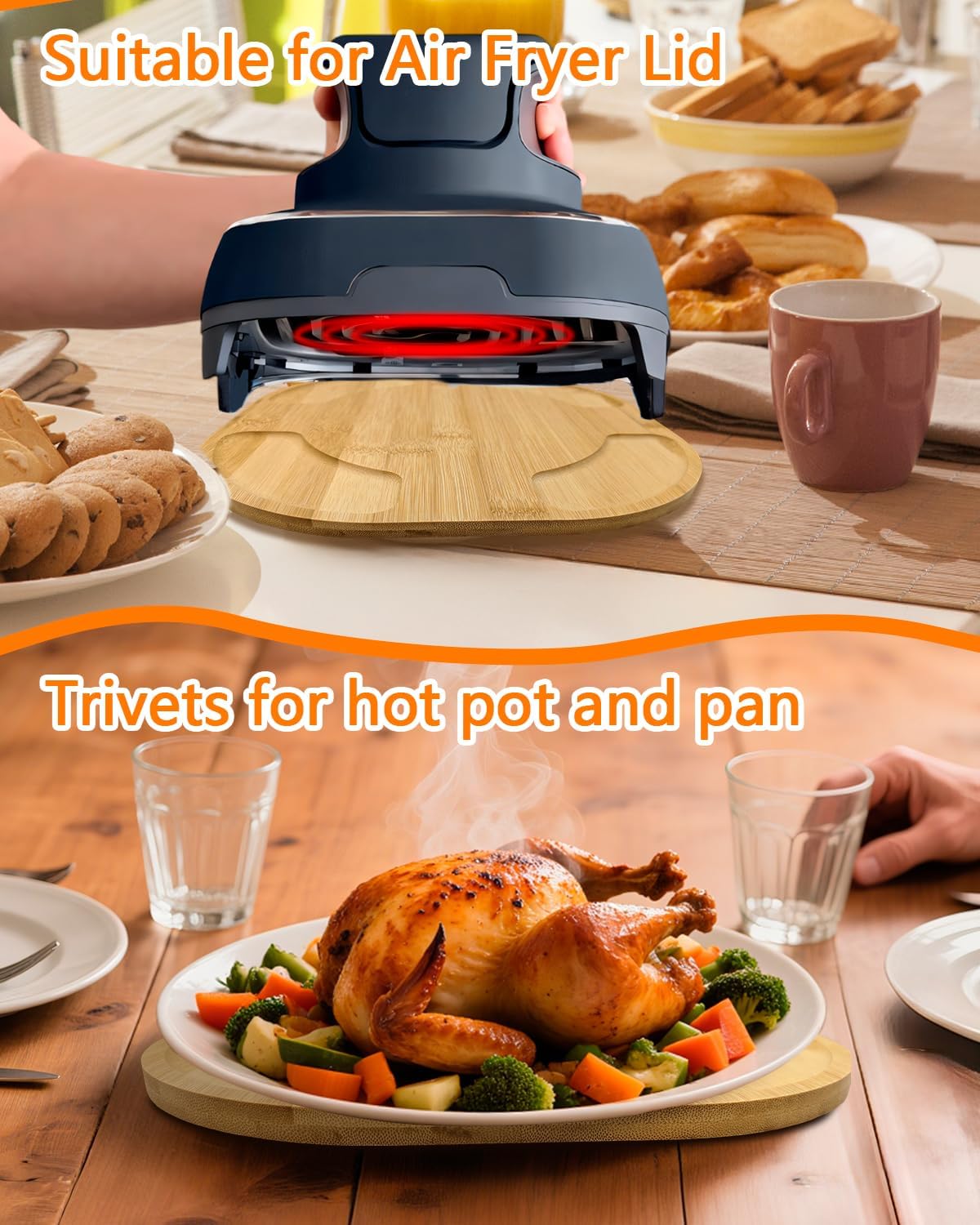 Piemow Bamboo Trivet Compatible with Ninja Crispi, Heat Resistant Pad | Natural Bamboo with Non-Slip EVA Feet