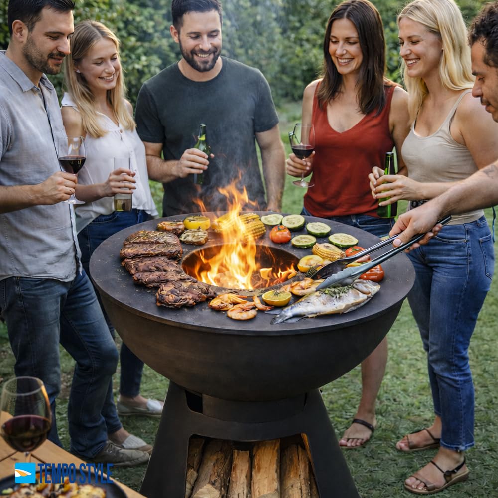 Barbecue a Legna e Carbone Yucatán | BBQ Tondo in Acciaio Corten da Esterno & da Giardino con Griglia di cottura in Acciaio Inox 316 sp.1cm, Portatile con Ruote (Antracite)