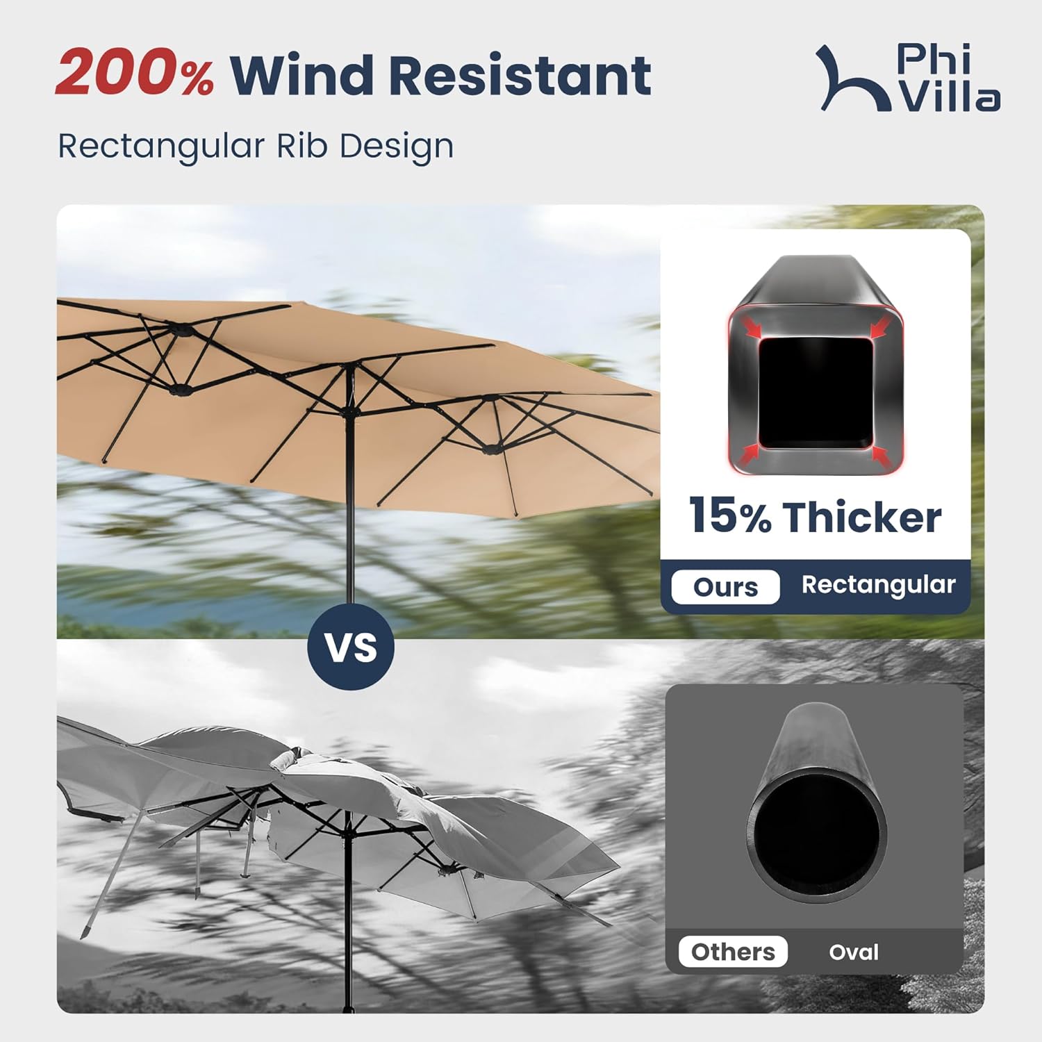 PHI VILLA 15ft Large Patio Umbrella with Base & Solar Lights, Double-Sided Outdoor Rectangle Umbrellas with 36 LED Lights, Umbrella for Outside with Stand, Beige - Image 3