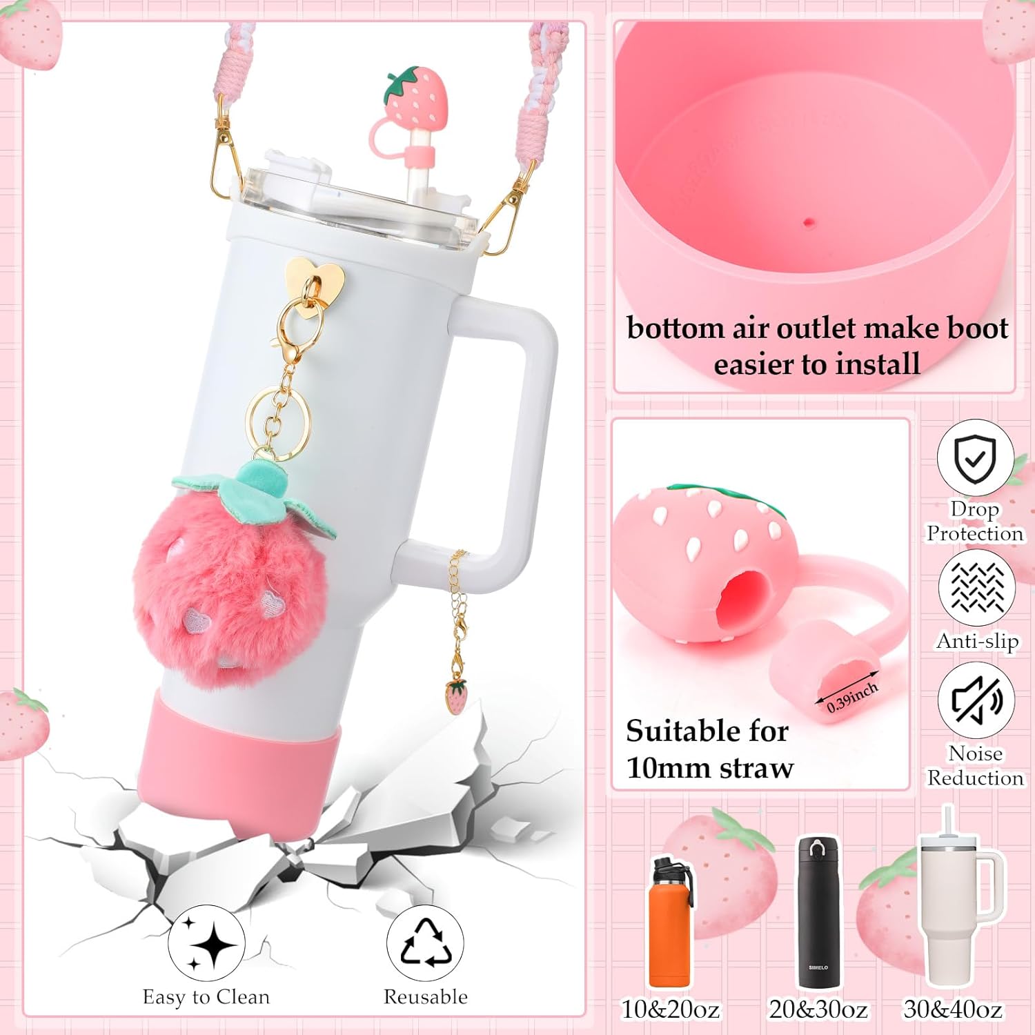 Domensi 6 Pcs Pink Strawberry Accessories Set Compatible with Stanley Cup, Pink Water Bottle Handle Strap Tumbler Silicone Straw Cover Charm Strawberry Plush Keychain Gift Decoration - Image 2