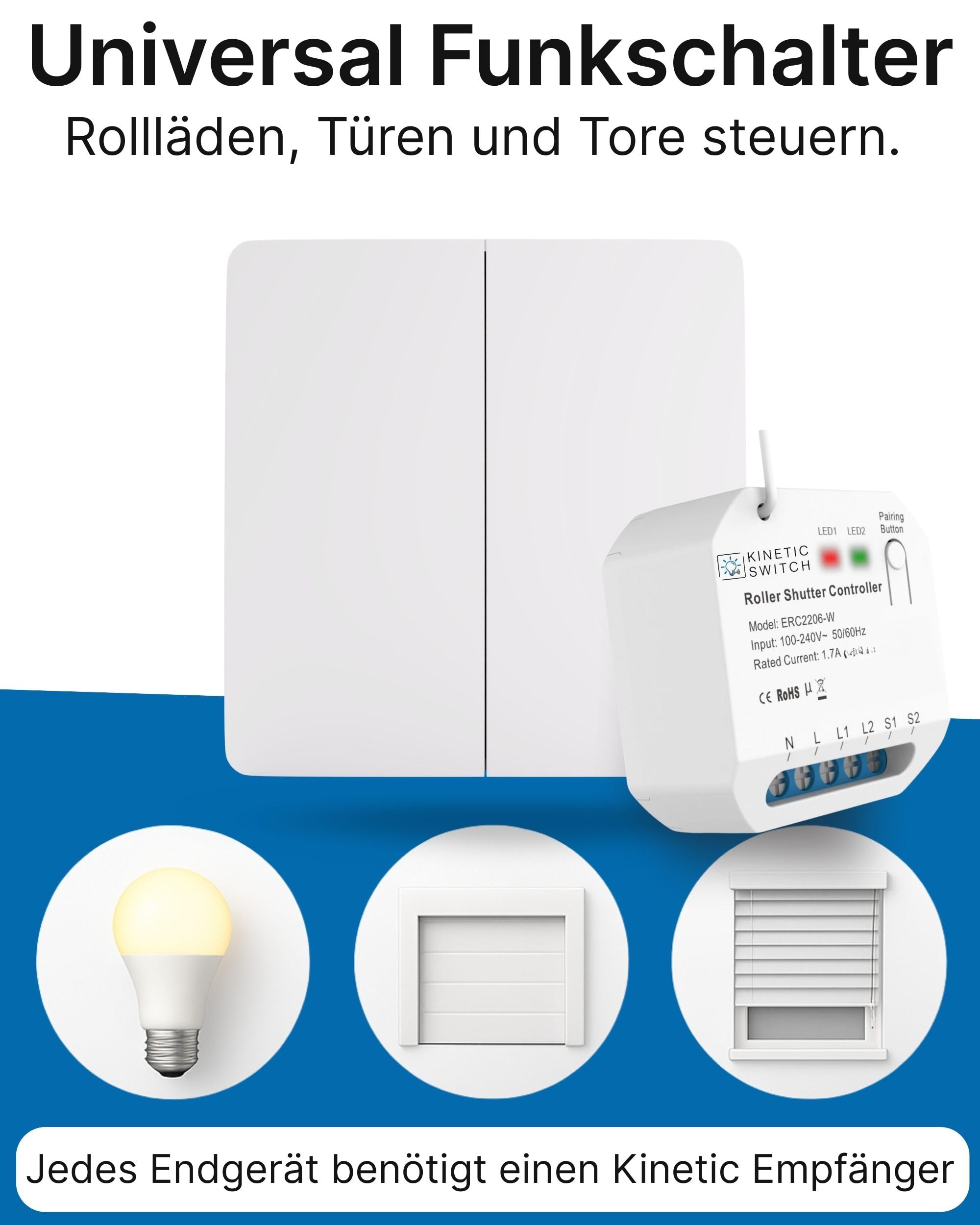 Hochwertiger Funkschalter 230V Rollladen Motor | 2-Fach Funk Lichtschalter Set IP67 | Jalousie Empfänger batterielos | 80m Reichweite | WLAN Schalter Alexa