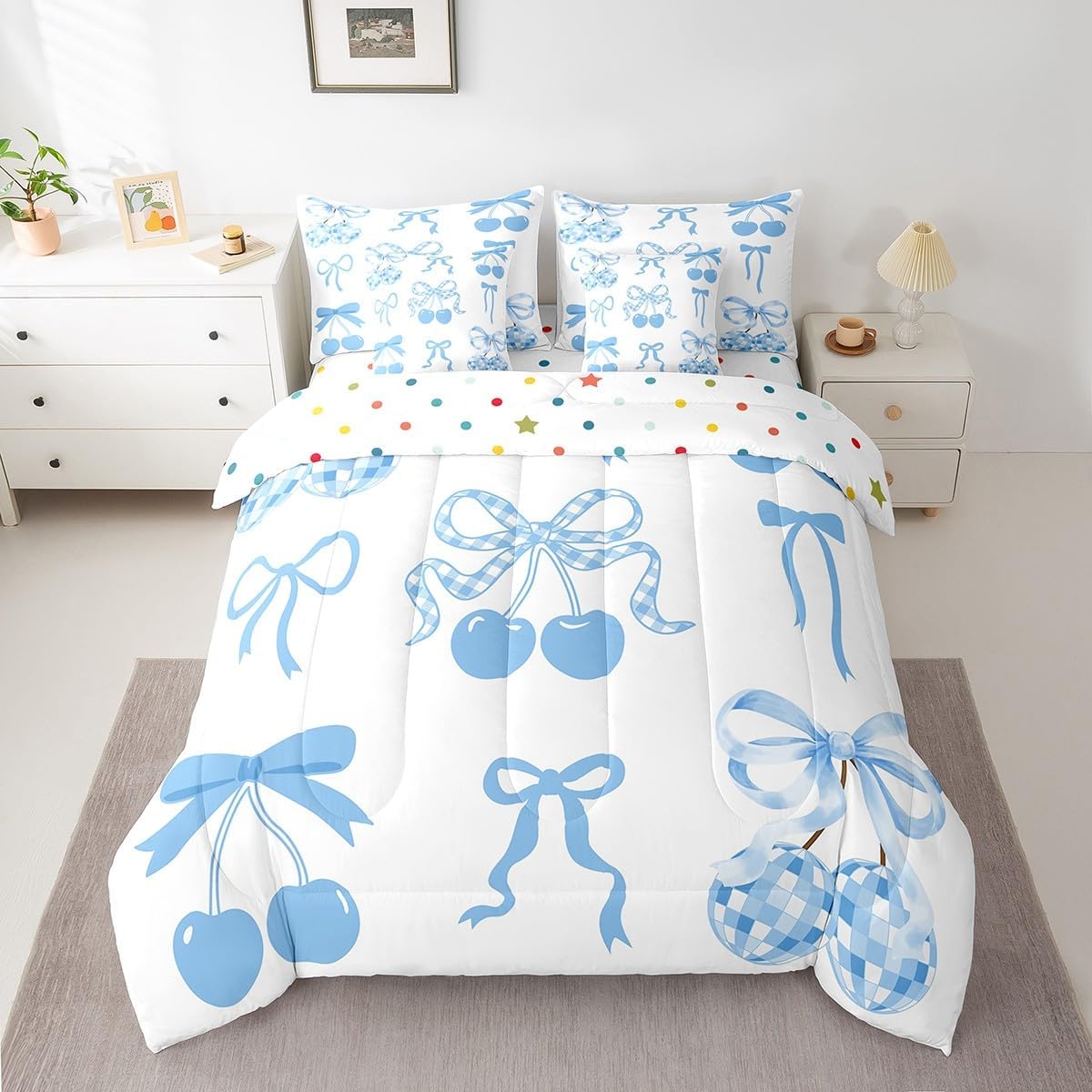 Kawaii Blue Bow Kids Comforter Set With Sheets For Boys Girls Twin Size,Cute Bowknot Princess Bed In A Bag,Coquette Bow Knot Soft Bedding Sets,Watercolor Ribbon E1 Western Preppy Room Decor