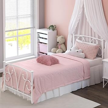 Elephance Twin Bed Frame with Headboard, Metal Platform Bed Frame with 12 Inch Storage Space No Box Spring Needed White