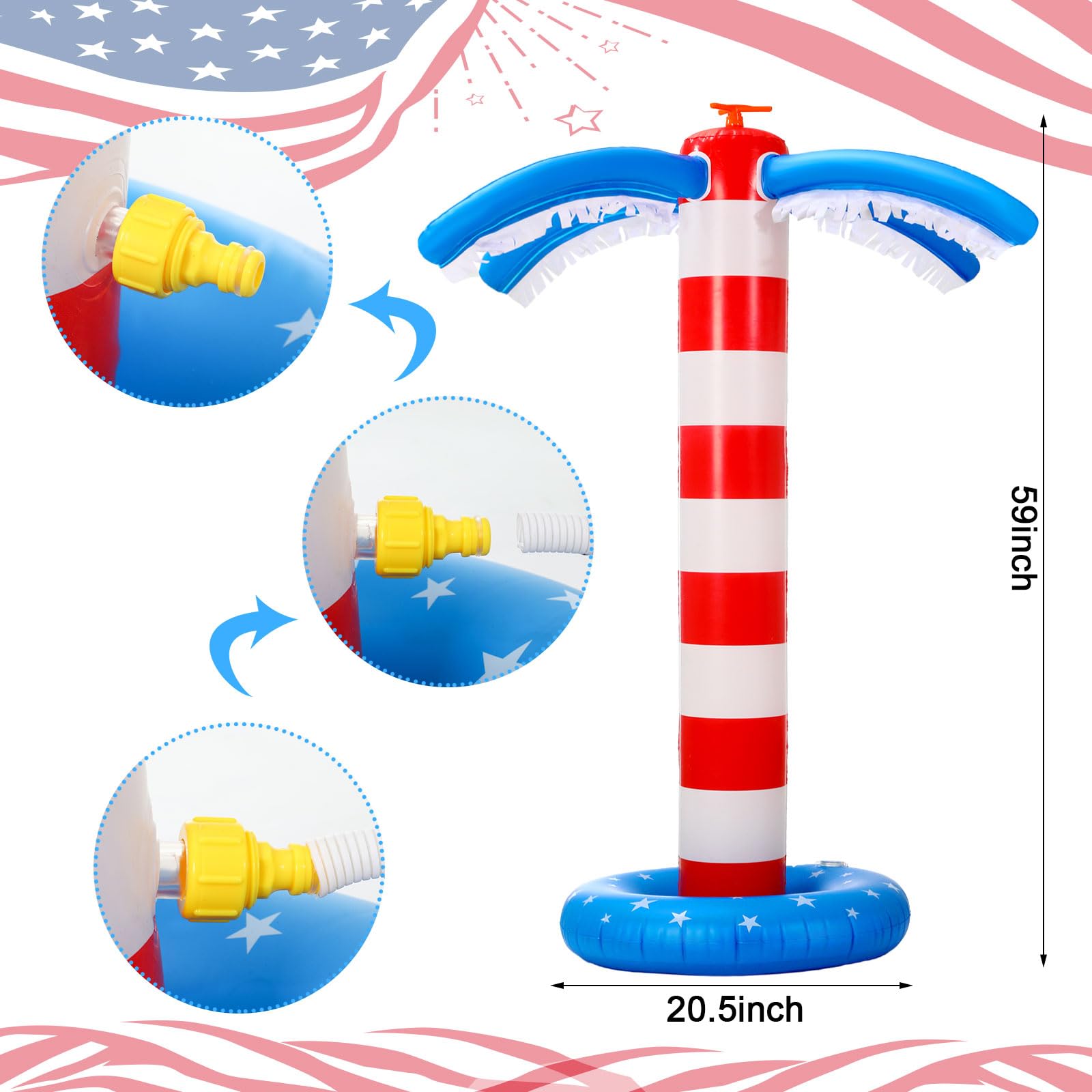 4th of July Inflatable Sprinkler 59 x 20. 5 Inch American Flag Sprinkler Independence Day Outdoor Water Game Patriotic Red Blue Backyard Decoration Summer Palm Tree Decor for Yard Hawaiian Party