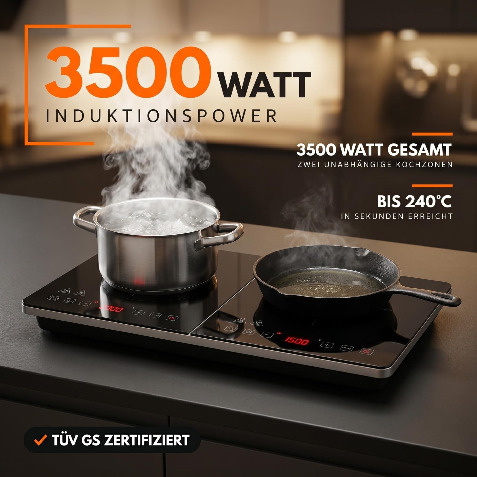 Sommertal Induktionskochfeld 2 Platten 3500W tragbar Touch-Bedienung 240°C Timer
