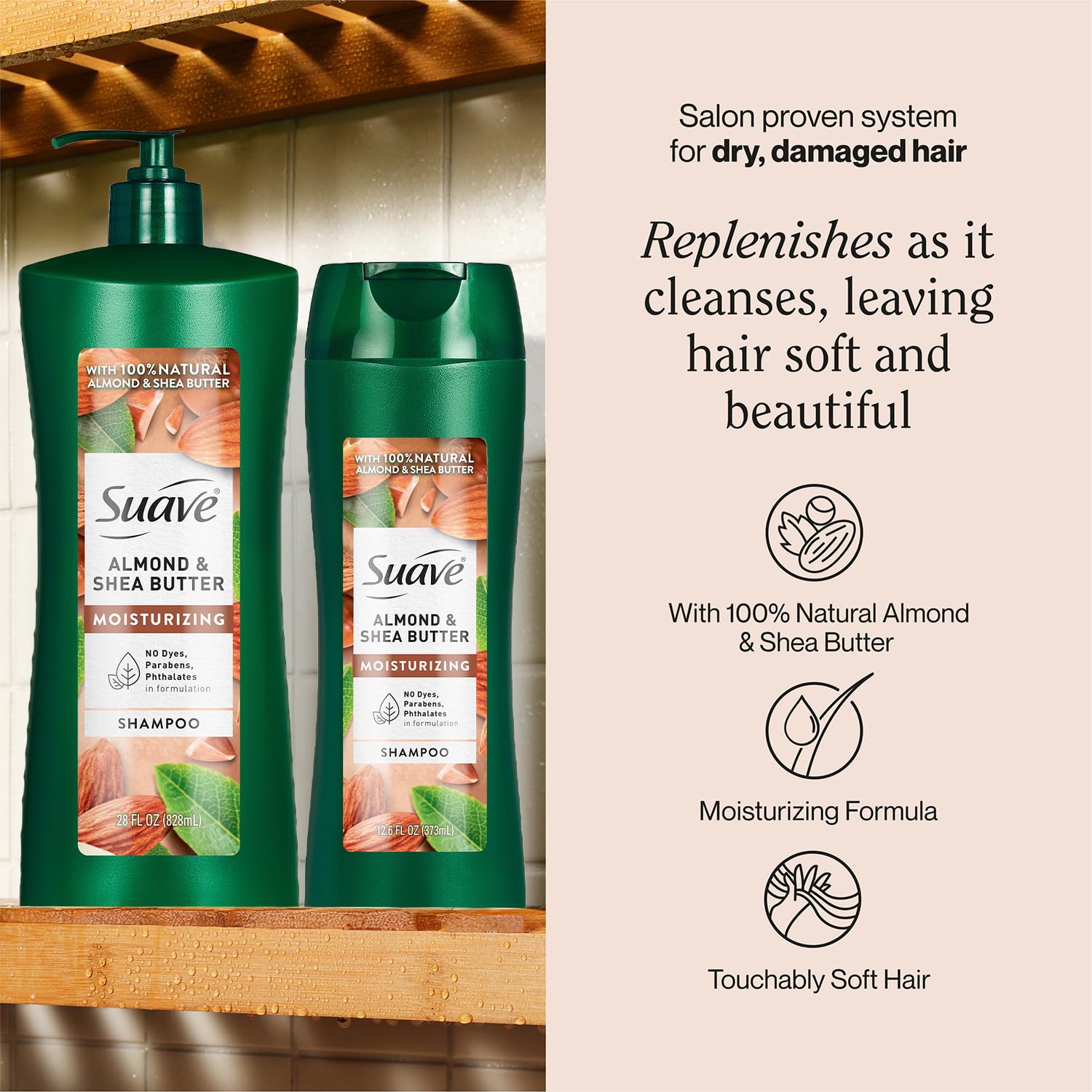 Suave Almond Shea Butter Moisturizing Shampoo 2-Size Bundle, Clarifies & Replenishes Dry, Damaged Hair - Image 2