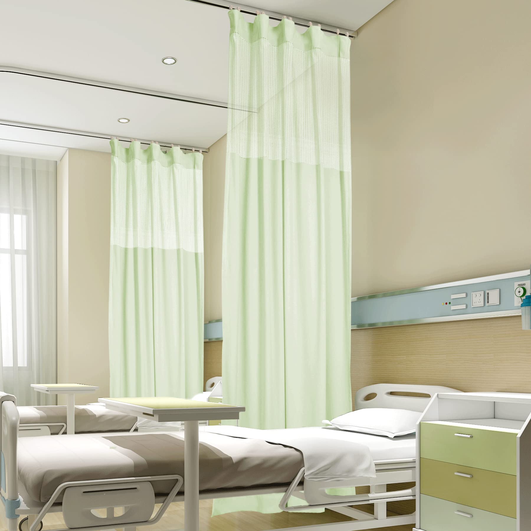 Fcosie 8ft Wide x 7ft Tall Hospital Curtain Divider for Room Separation Mesh Top Medical Exam Room Privacy Curtains with Flat Hooks Header Office Hospital Bed Cubicle Curtain, Green, 1 Panel