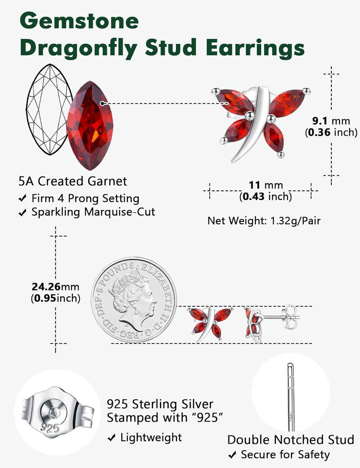 925 Sterling Silver Dragonfly Stud Earrings for Women Trendy Dainty Cute Earrings Ruby/Sapphire/Emerald Gemstone Studs Birthstone Anniversary Jewelry
