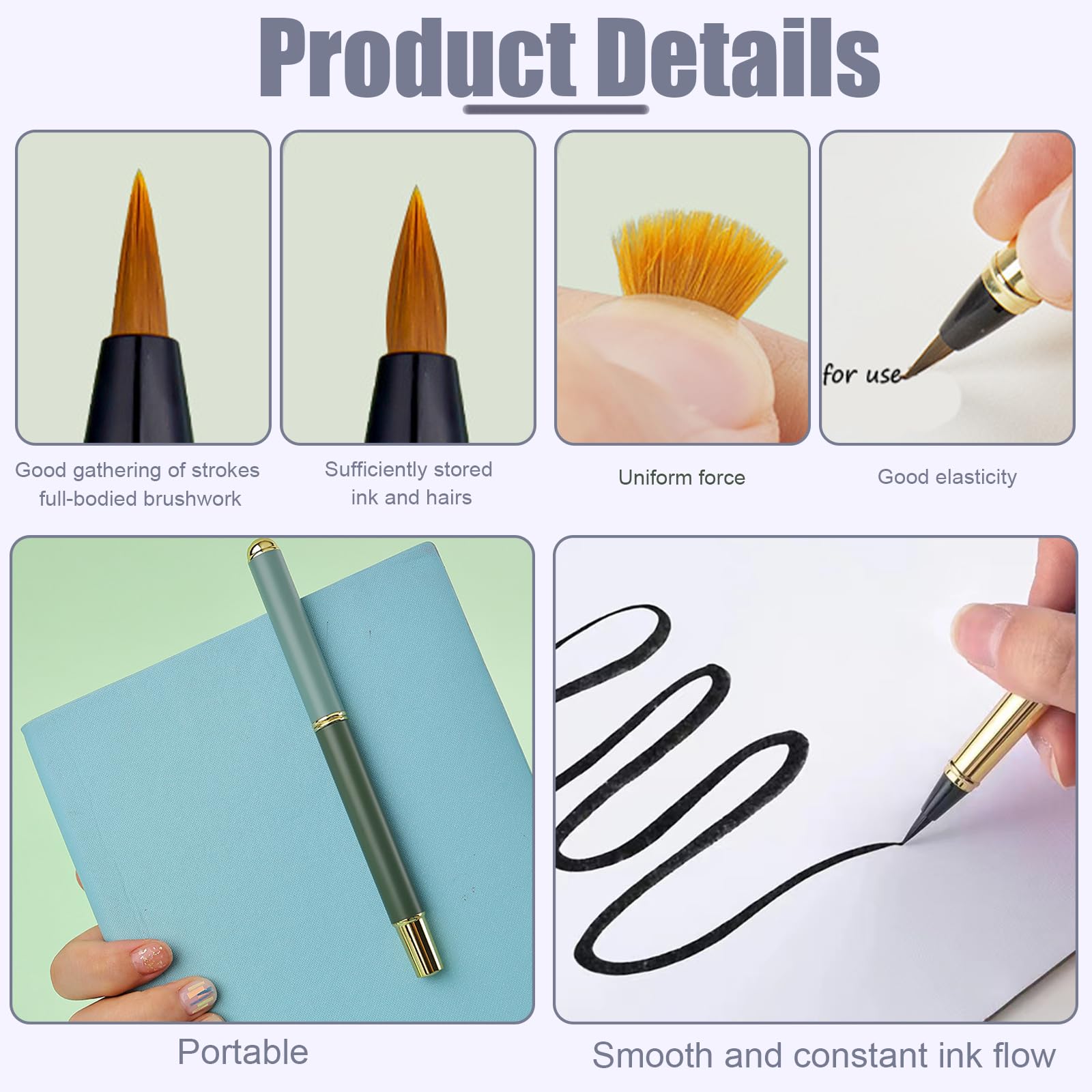 Huakaile Portable Pocket Metal Fountain Brush Pen with Case, Refillable Flexible Brush Tip Calligraphy Pen (1 Gray Pen - Image 4