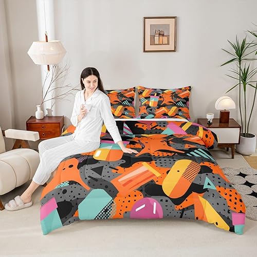 Miniatura 2 de Erosebridal Juego de edredón de camuflaje, tamaño Queen, abstracto, negro, naranja, camuflaje, vintage, 80, 90, Memphis, edredón acolchado para