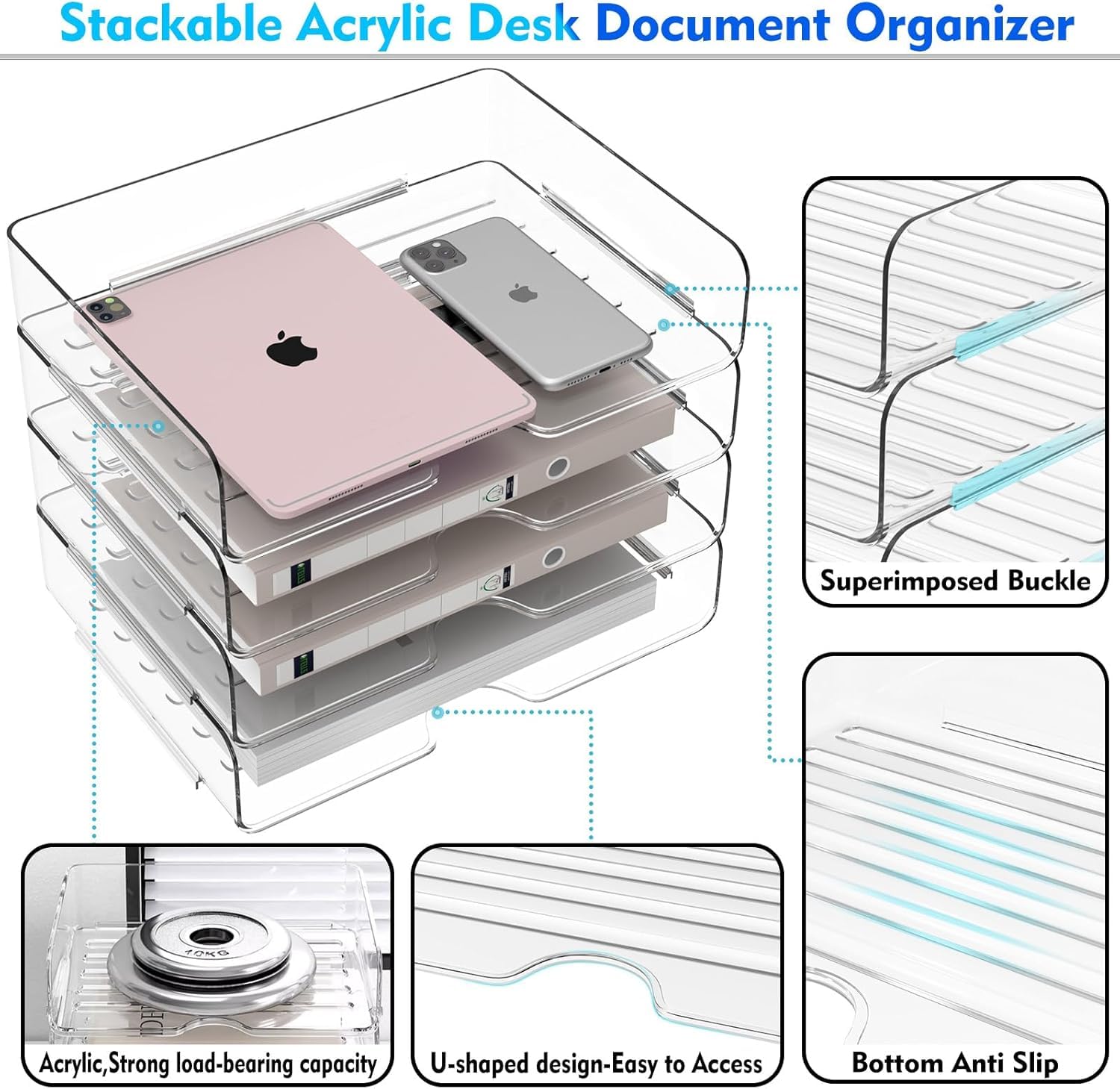 LATERN 4 Stück Papier Organizer Briefablagen, Acryl Stapelbare A4-Papierablage Transparenter Dokumentenhalter Schreibtisch Organizer für Bücher Notizen Papier Zuhause Büro Schule Organisieren