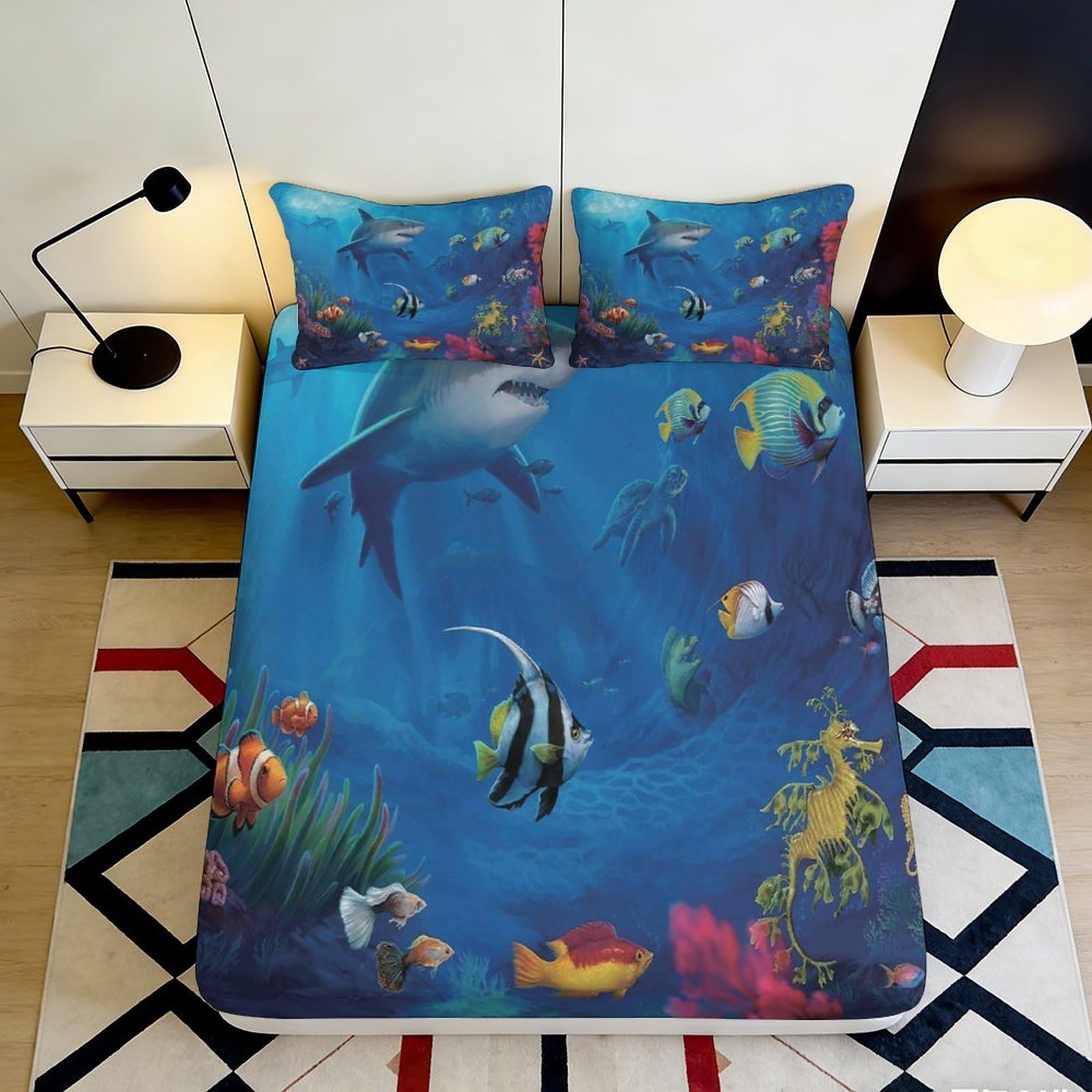 3D Printed Ocean Shark Fitted Sheet Microfiber Soft Mattress Cover with Colorful Fish for Bedroom Dorm Decor 120x200cm 160x200x25cm
