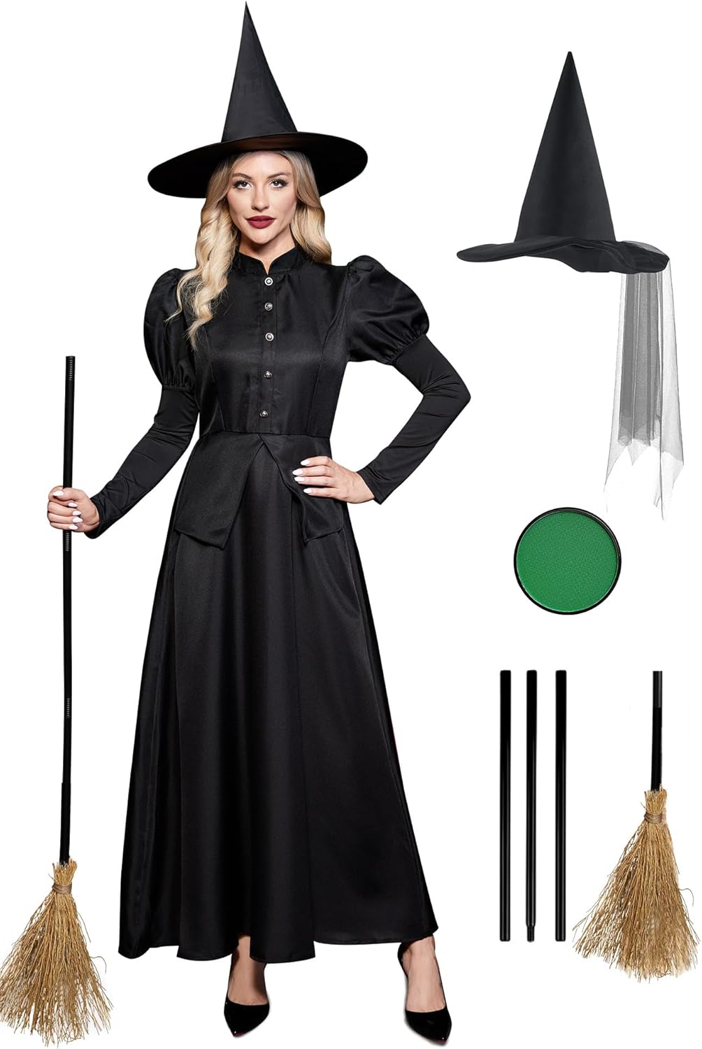 Clarisbelle Women Halloween Wizad Cosplay Wicked Gothic Witch Sorceress Costume Magician Long Sleeve Elpheba Adult Dress Black L