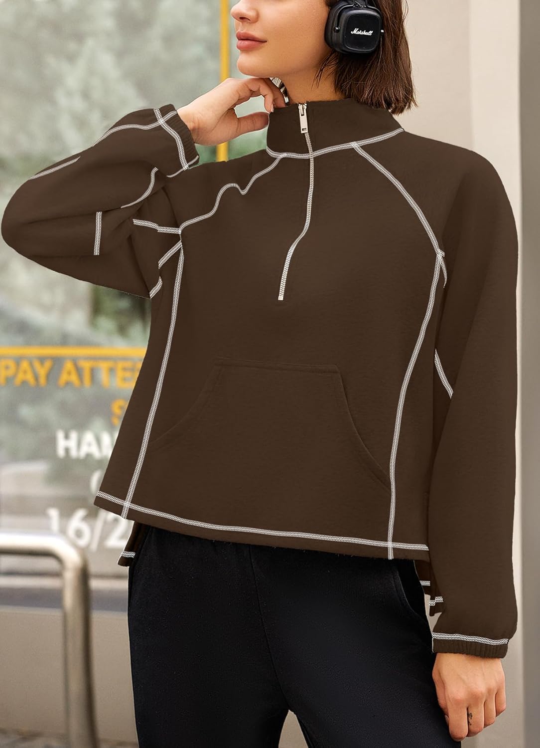 ReachMe Fleece Quarter Zip Pullover Women Oversized Mock Neck Sweatshirts Half Zip Pullover Casual Tops - Image 2