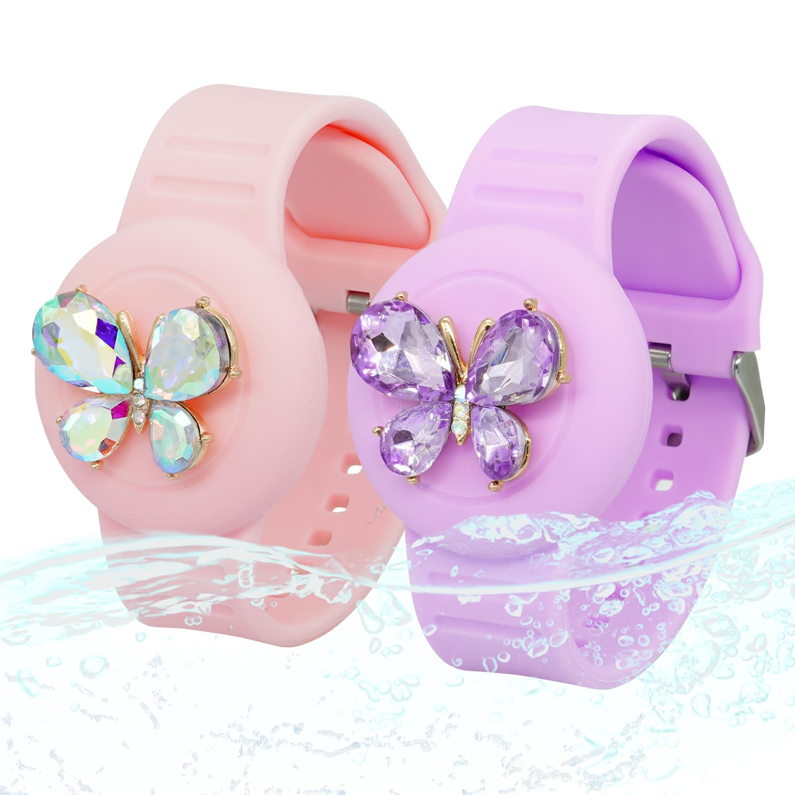 XEEWEN 2 Pack Kids Waterproof Watch Holder for Airtag, Cute Butterfly Pink Purple Wristband Bracelet Cover