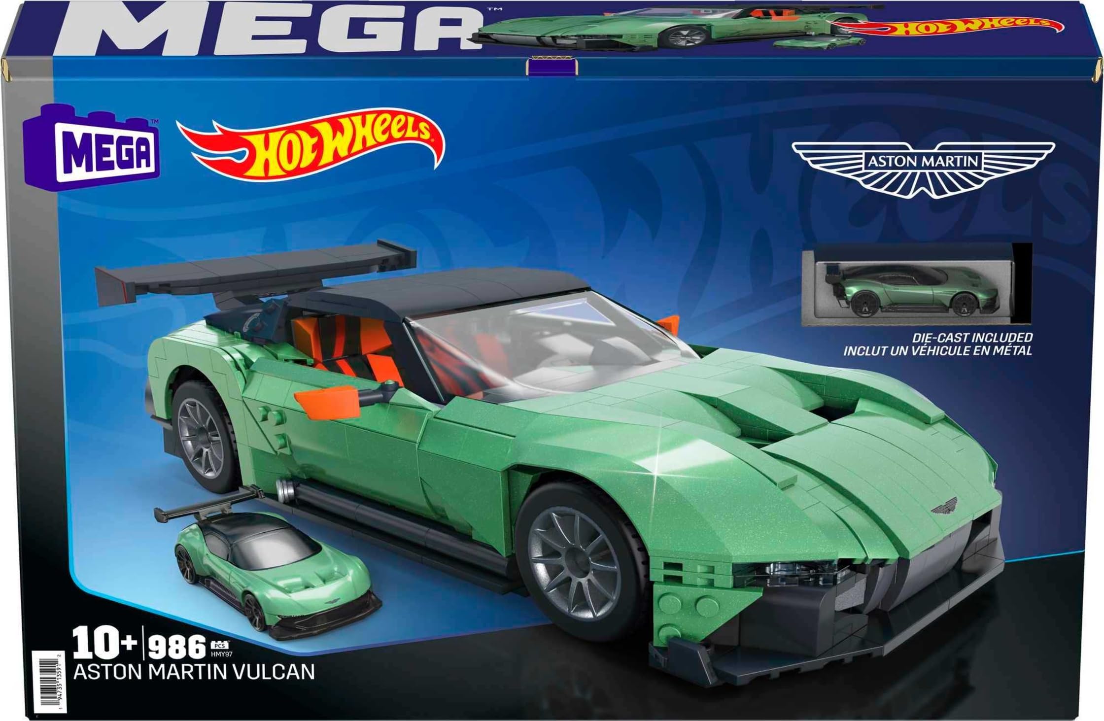MEGA Hot Wheels Aston Martin Vulcan Kolekcjonerski zestaw klocków (986 elementów) i metalowy pojazd, pomysły na prezent dla dorosłych kolekcjonerów, HMY97