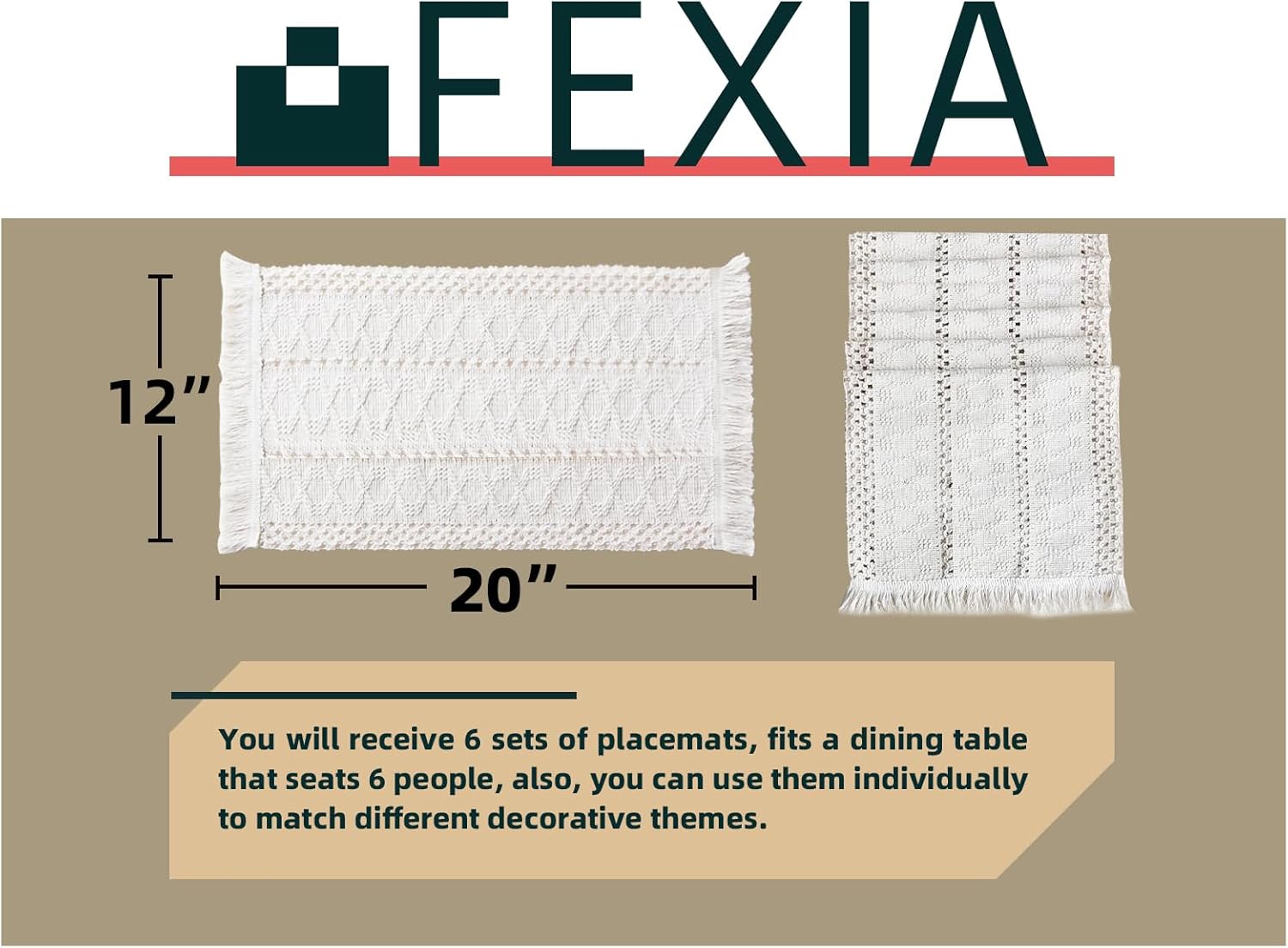 FEXIA Macrame Cream Table Runner and Placemats Set of 6 for Home Decor Farmhouse Decor