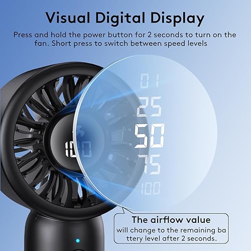 Miniatura 5 de Mini ventilador de mano portátil, 5 velocidades, recargable por USB-C, flujo de aire de pétalos 3D patentado, bajo ruido, tiempo de funcionamiento