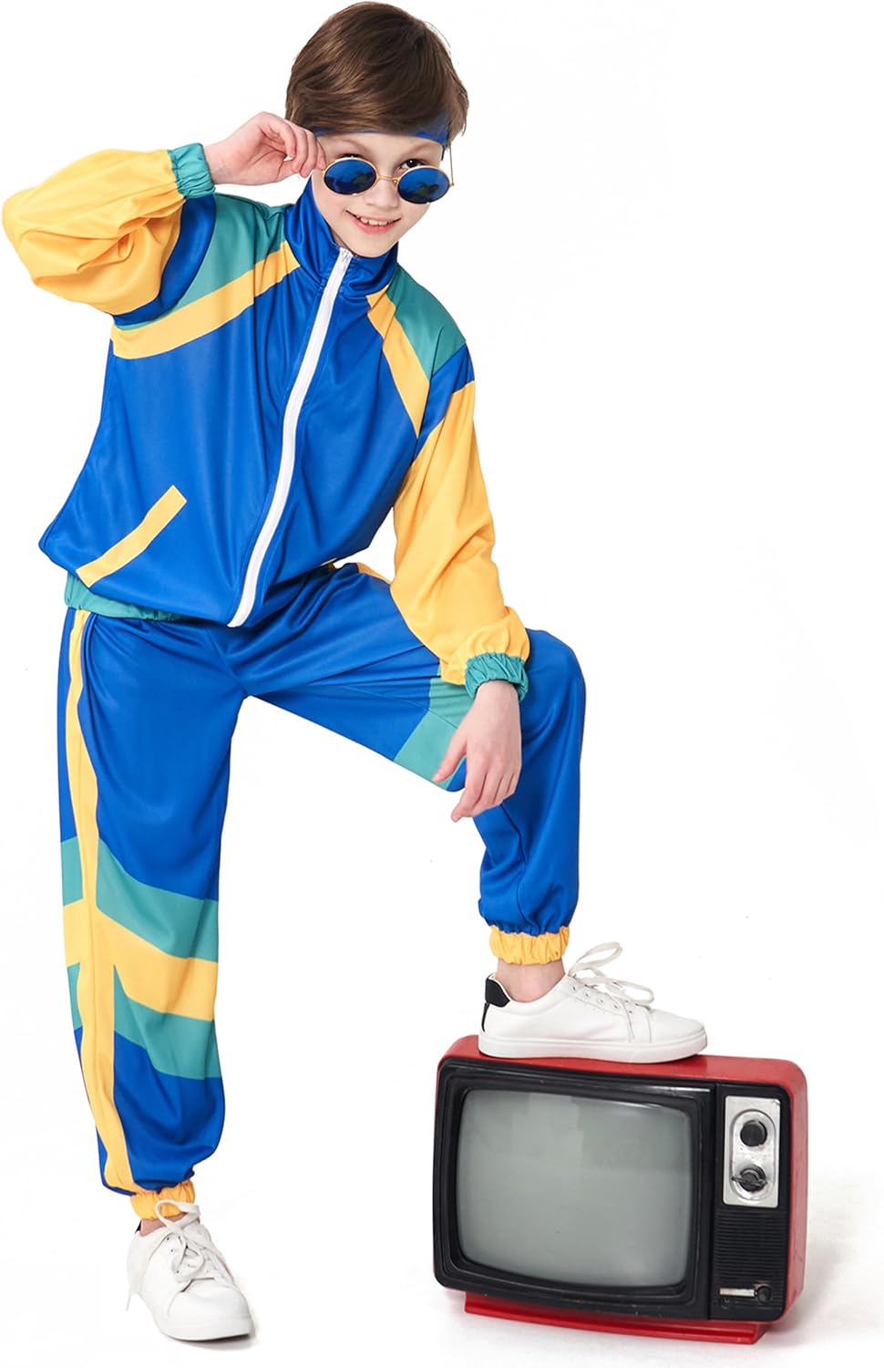 Kids 80s Retro Tracksuit Costume Outfit Jacket Pants Headband Set Vintage Dance Party Performance Wear Unisex