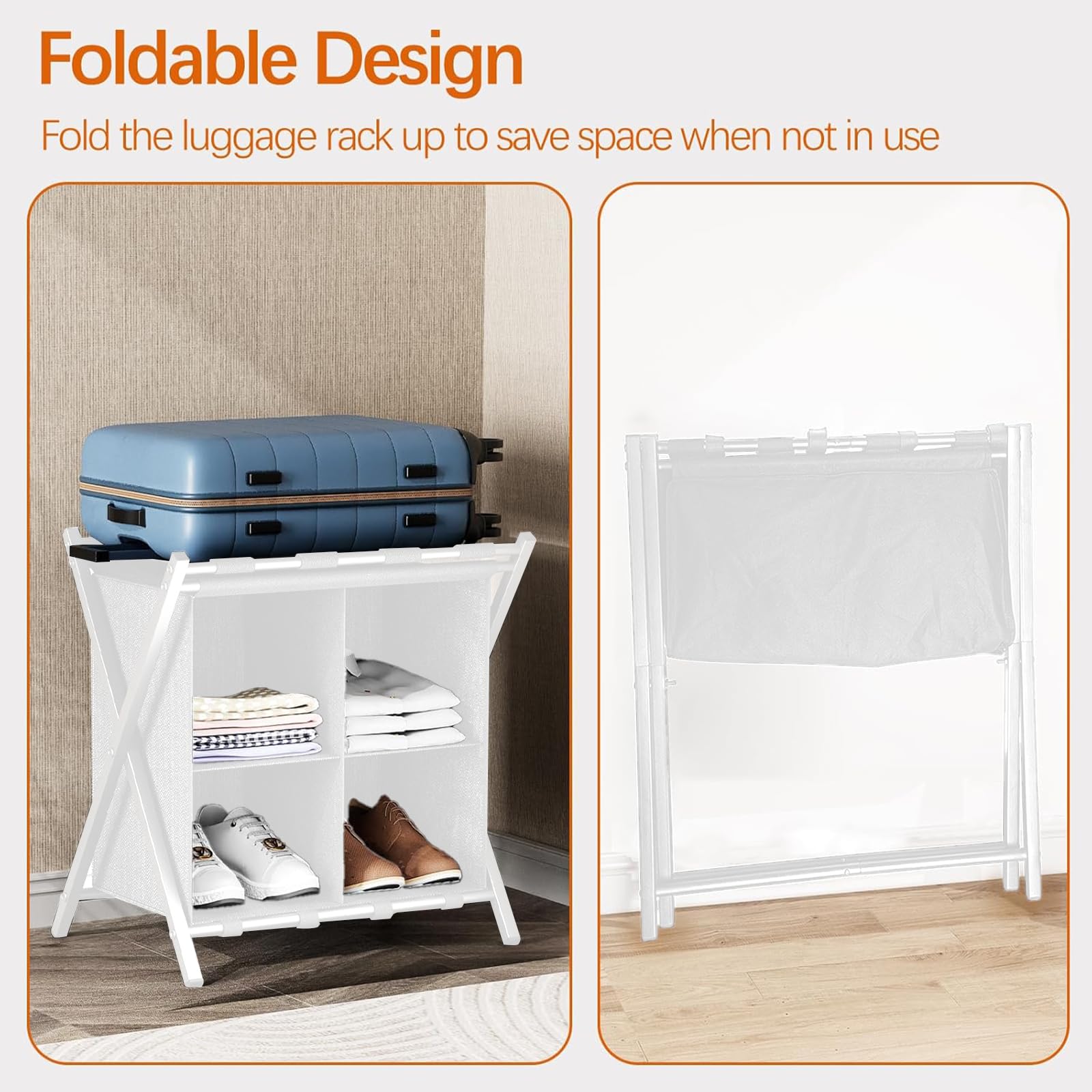 Huhote Portaequipajes para habitación de invitados, juego de 2, soporte plegable para maleta con estante de almacenamiento de tela, soporte de equipaje, soporte plegable de acero para habitación de