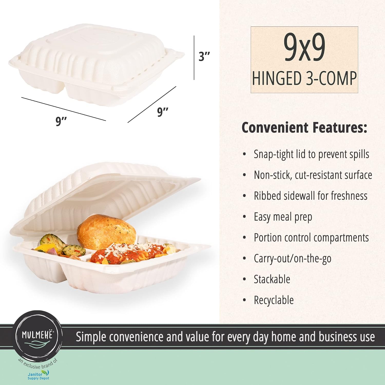 MULMEHË Mineral Filled Polypropylene Plastic Hinged Take Out Food Containers, 9x9x3, Vented Three Compartment, Natural White, 200 per Case