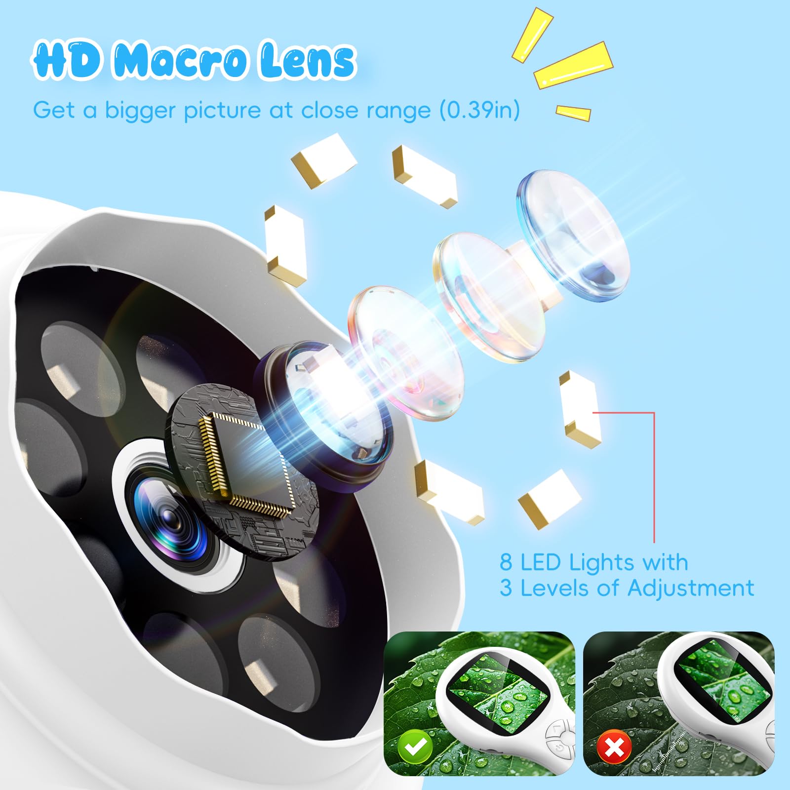 Microscope Pour Enfants Portable De Poche écran IPS De 2 Pouces 1000X Microscopes Numériques Portables Avec 8 Lumières LED Réglables