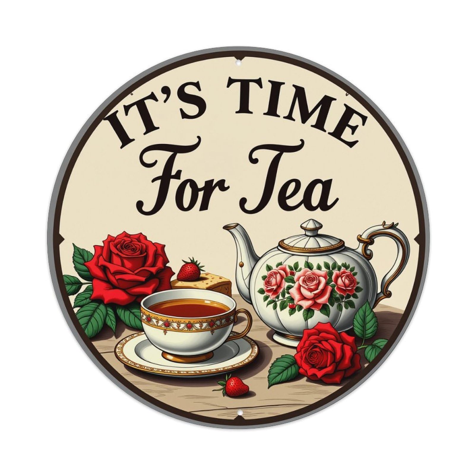 Tea Time Rose Teapot Cup Round Tin Sign Retro Metal Sign for Cafe Bar Pub Home Game Room Gym Club Wall Decoration Vintage Metal Poster 8x8 Inch