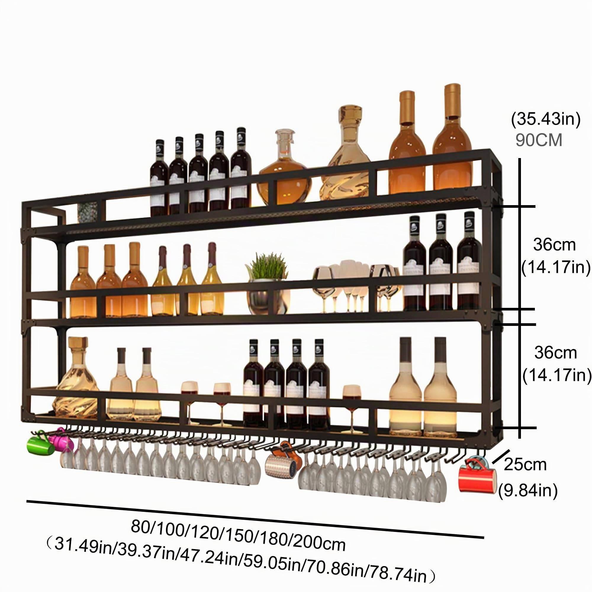 Portabottiglie con Luce Porta Bottiglie di Vino da Parete con Portabicchieri Scaffale da Parete con Porta Bicchieri Sospesi Mensole Cucina Porta Vini Angolo Bar per Casa Sala da Pranzo Bar(Black,80*25