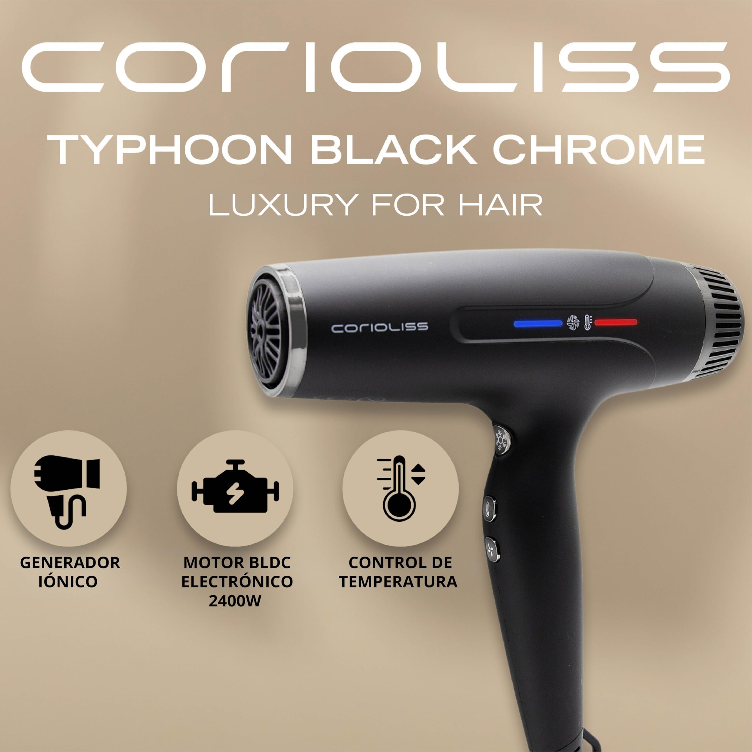 Corioliss Typhoon Secador de Pelo Profesional | Silencioso | Motor BLDC 2400W | Ligero 417 Gr. | Potente | Iónico Antifrizz | Difusor y 2 Boquillas | Black Chrome