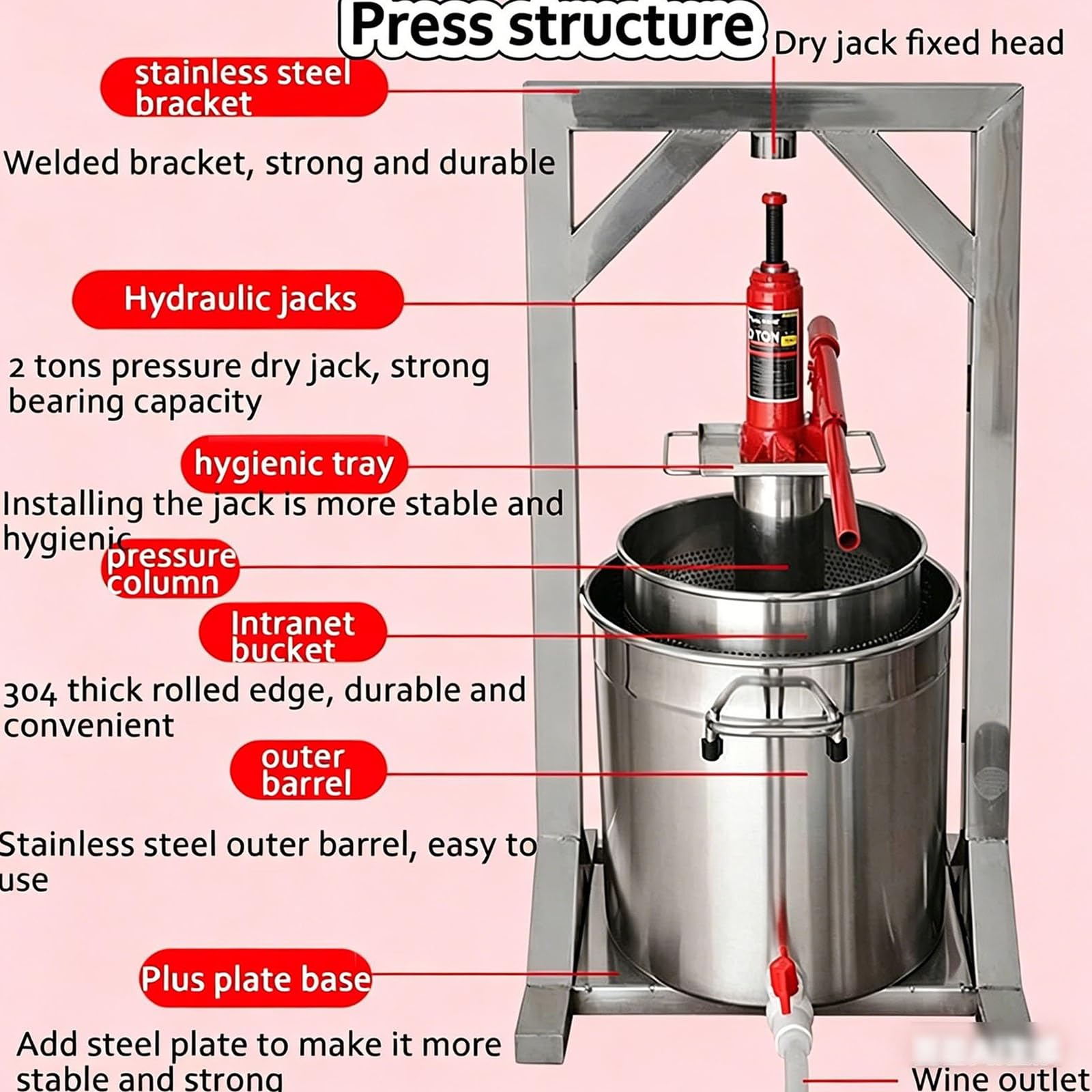 Pressa Idraulica per Frutta e Vino, Pressa Manuale per Frutta da 12L/22L/36L con Martinetto Idraulico da 3000kg - Cestello in Acciaio Inox 304 per la Produzione di Succo, Vino e Sidro 22L