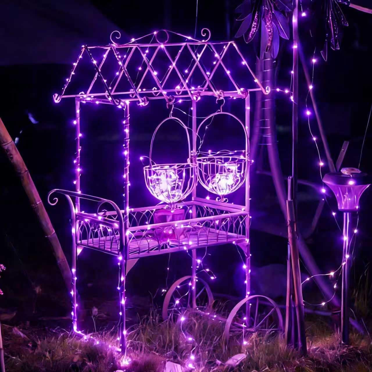 QITONG 4 Pack Solar Fairy Lights, Each 33ft 100 LED Purple Christmas String Light Outdoor Waterproof, 8 Modes Silver Wire Twinkle Mini Lights