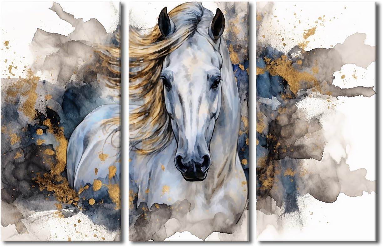 TUMOVO Modern Blue Gold Abstract Artistic Textured Background Equestrian Wall Decor Antique Horse Riding Wall Artwork Decoration Farmhouse Country Wall Art for Home Decor 3 Panels (60" Wx40 H)