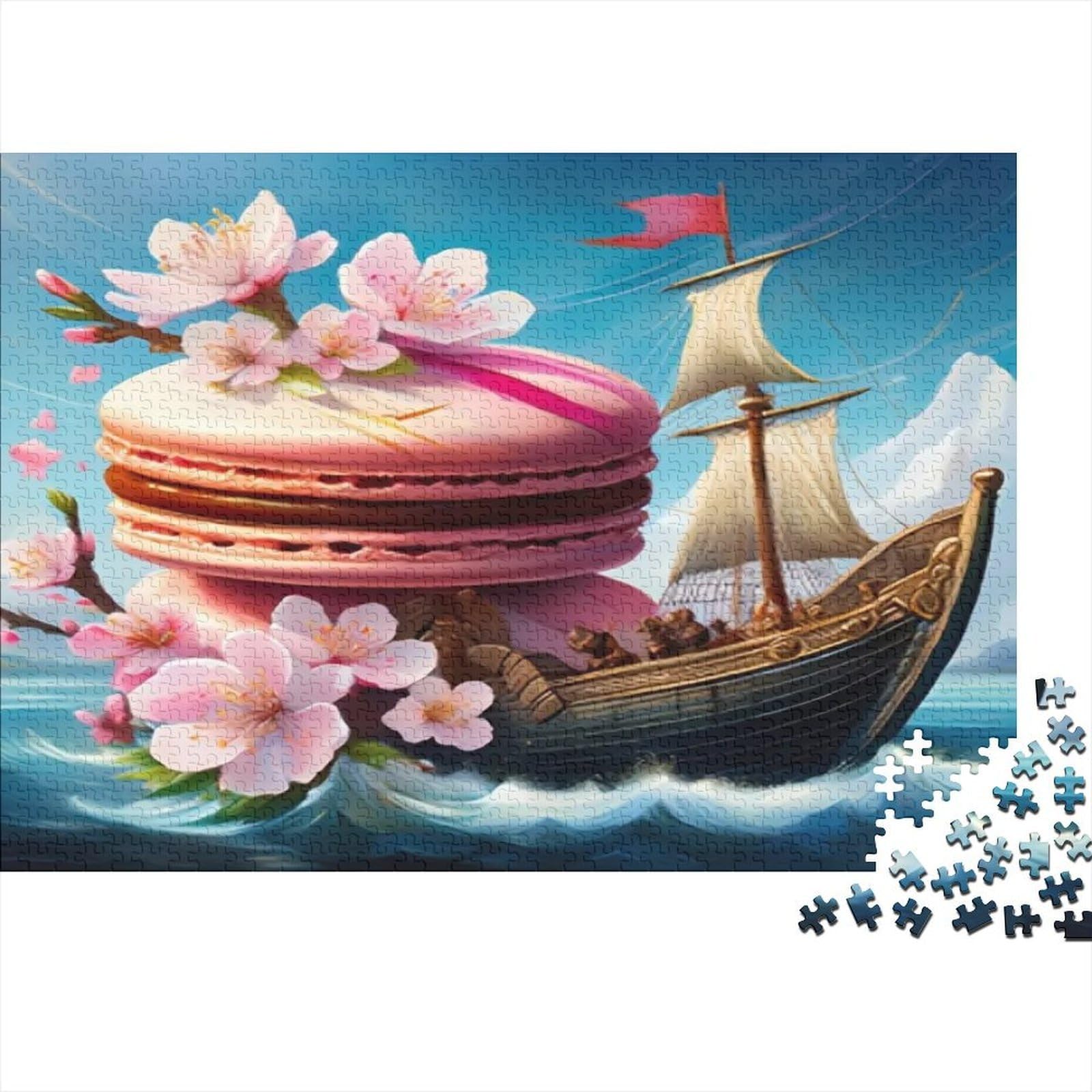 Macaron Ship Sailing with Cherry Blossoms Jigsaw Puzzles Puzzles for Adults Kids. 1000 Piece Whimsical Challenge Toy Educational Games Home Decoration for Educational Games Gifts 38x26cm/1000pcs — image 1