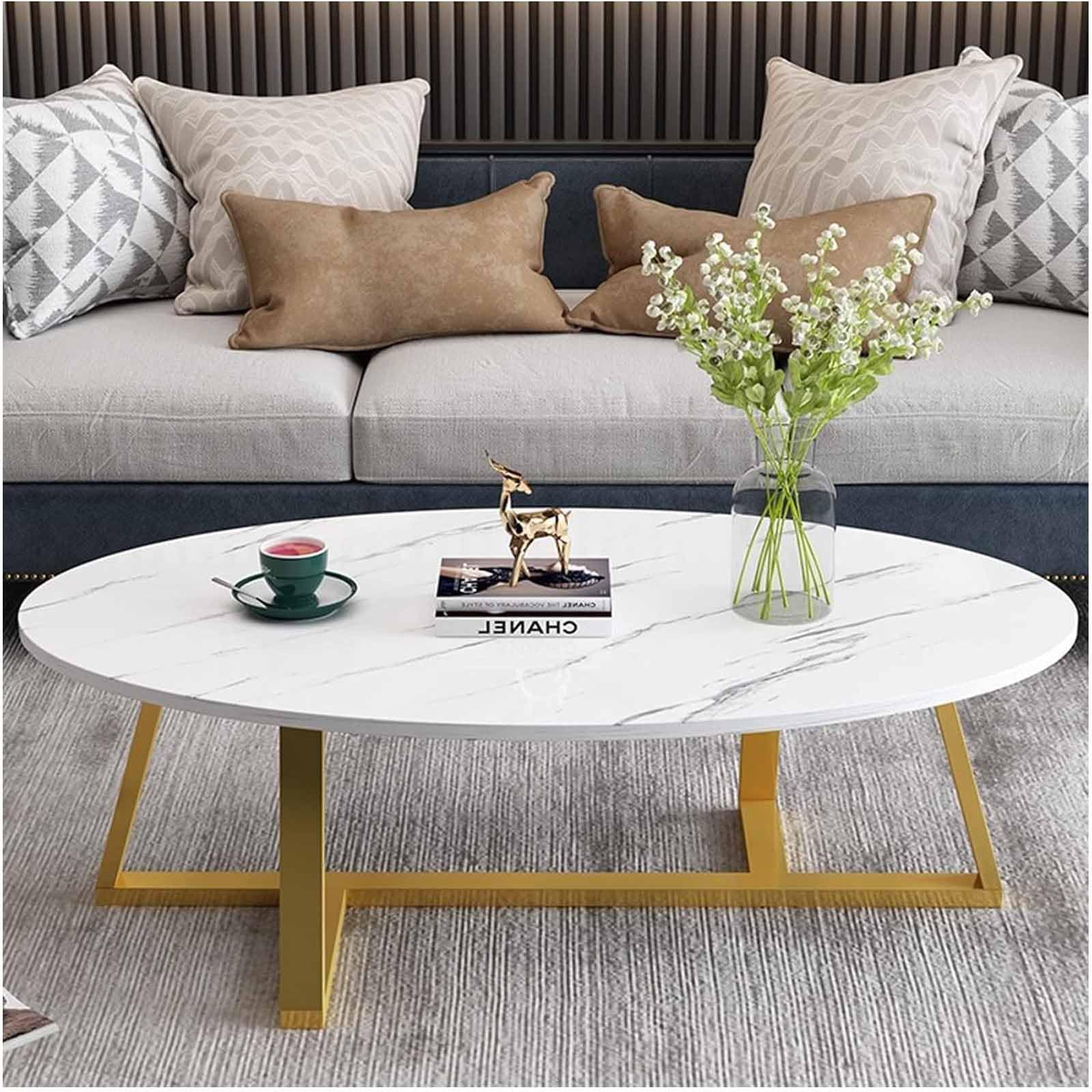 Table basse en faux marbre blanc ovale pour petit salon moderne avec pied métal robuste, White 2