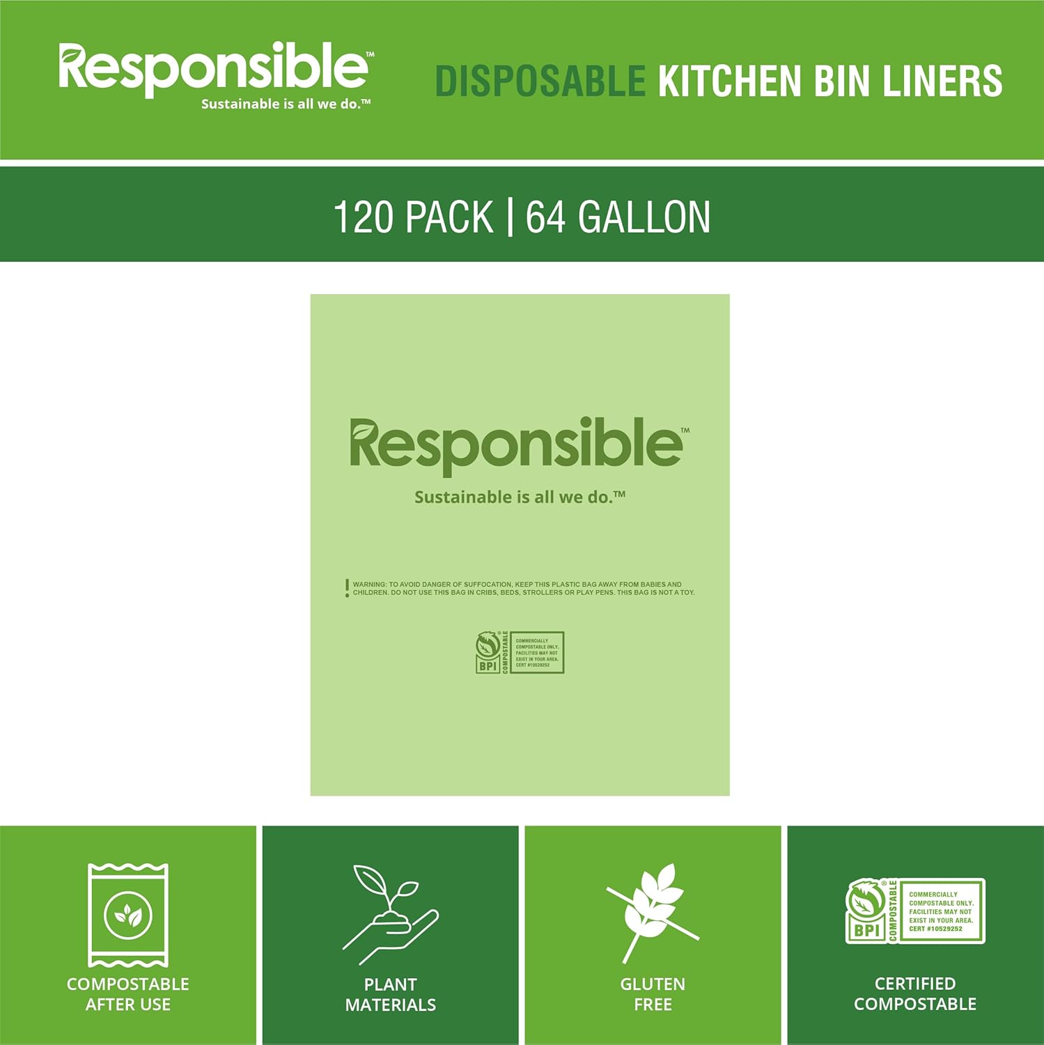Compostable Tall Kitchen Trash Bags 64 Gallon - Heavy Duty Multipurpose Bin Liners for Food Scraps, Yard Waste & Compost (120 Count)