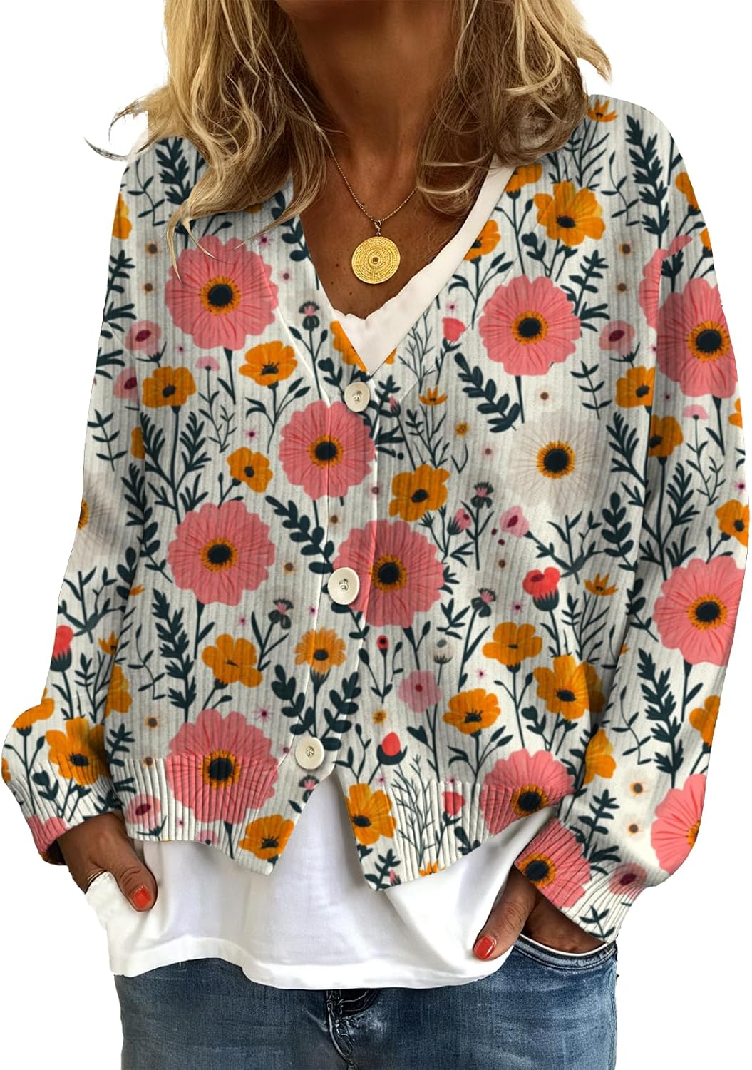 V Neck Sweaters for Women Boho Casual Long Sleeve Floral Print Winter Cardigans Button Comfy Knit Cardigan Sweater