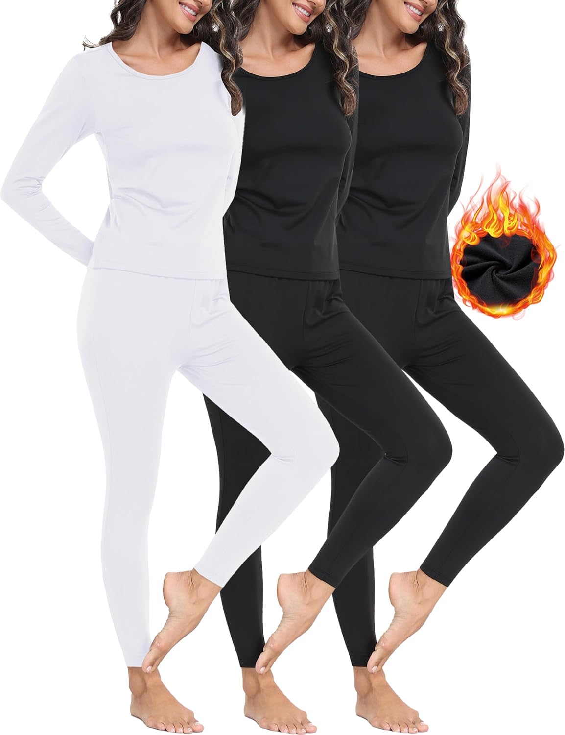 Winvote 3 Sets Thermal Underwear for Women Set Long Johns Fleece Lined Soft Cold Weather Warm Base Layer Winter Top Bottom