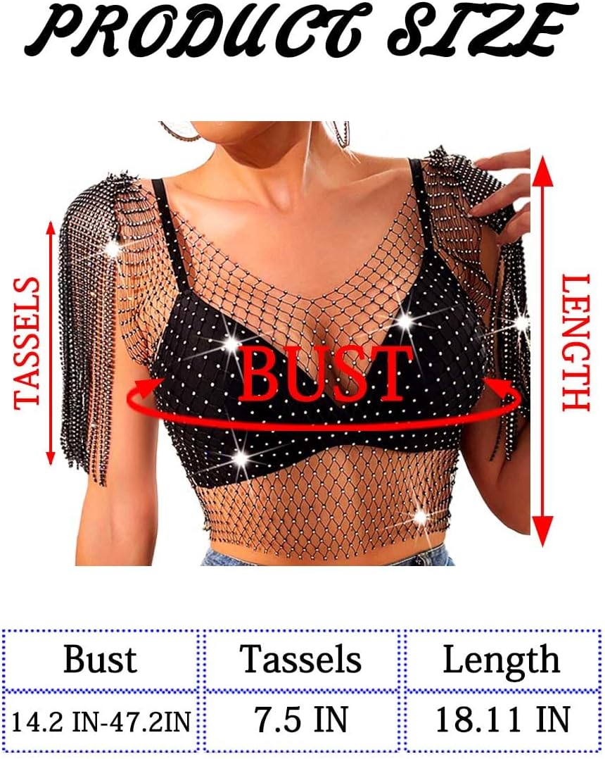 Uranian Rhinestone Mesh Body Chain See Through Crop Top Sleeveless Tassel Tank Top Bikini Cover Up for Beach Rave Party Festival - Image 2