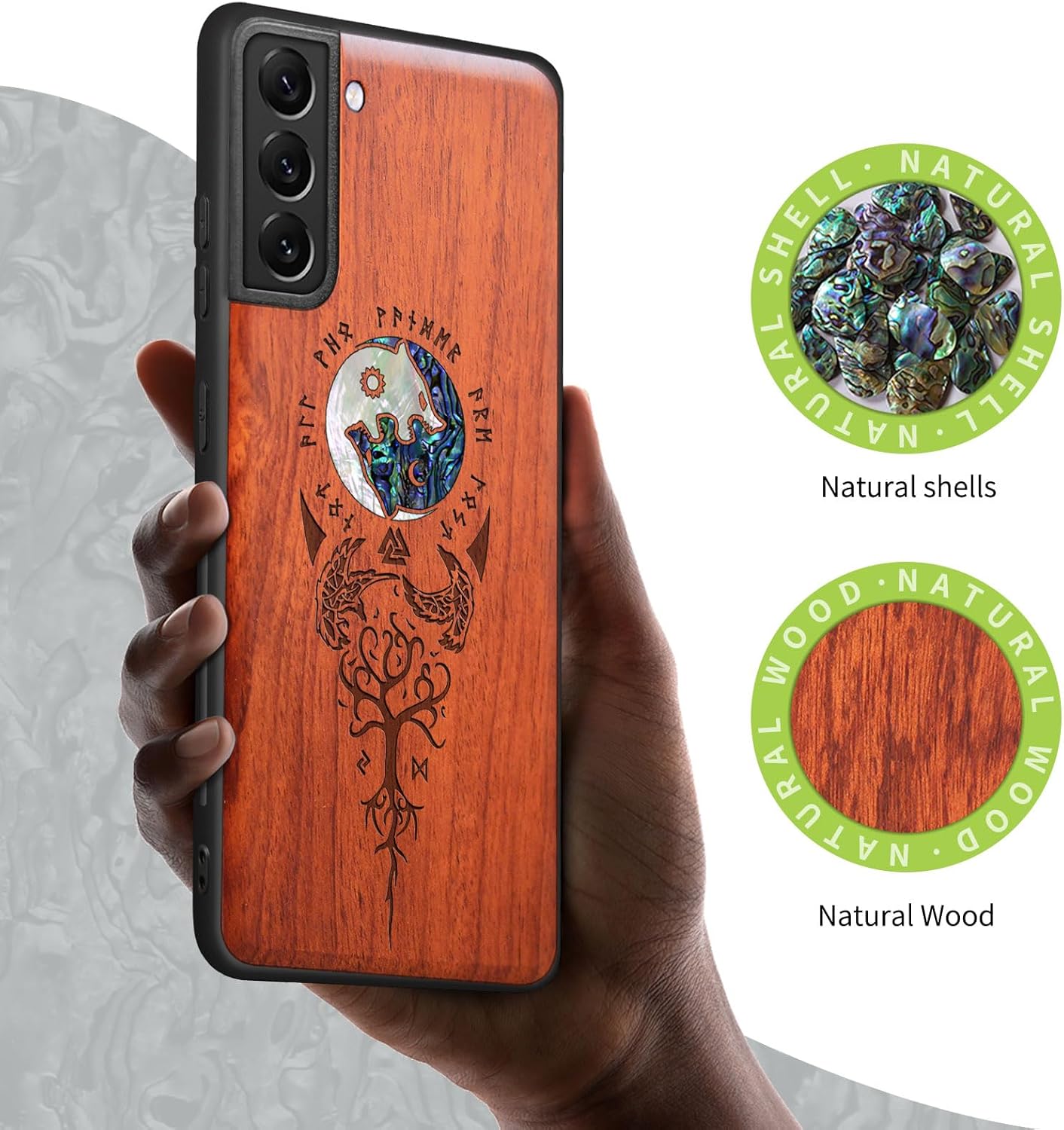 Carveit Designer Wooden Cover for Samsung Galaxy S22 Plus Case [Wood Engraving & Shell Inlay] Compatible with Wireless Chargers Galaxy S22 Plus (Yin Yang Wolf-Rosy)