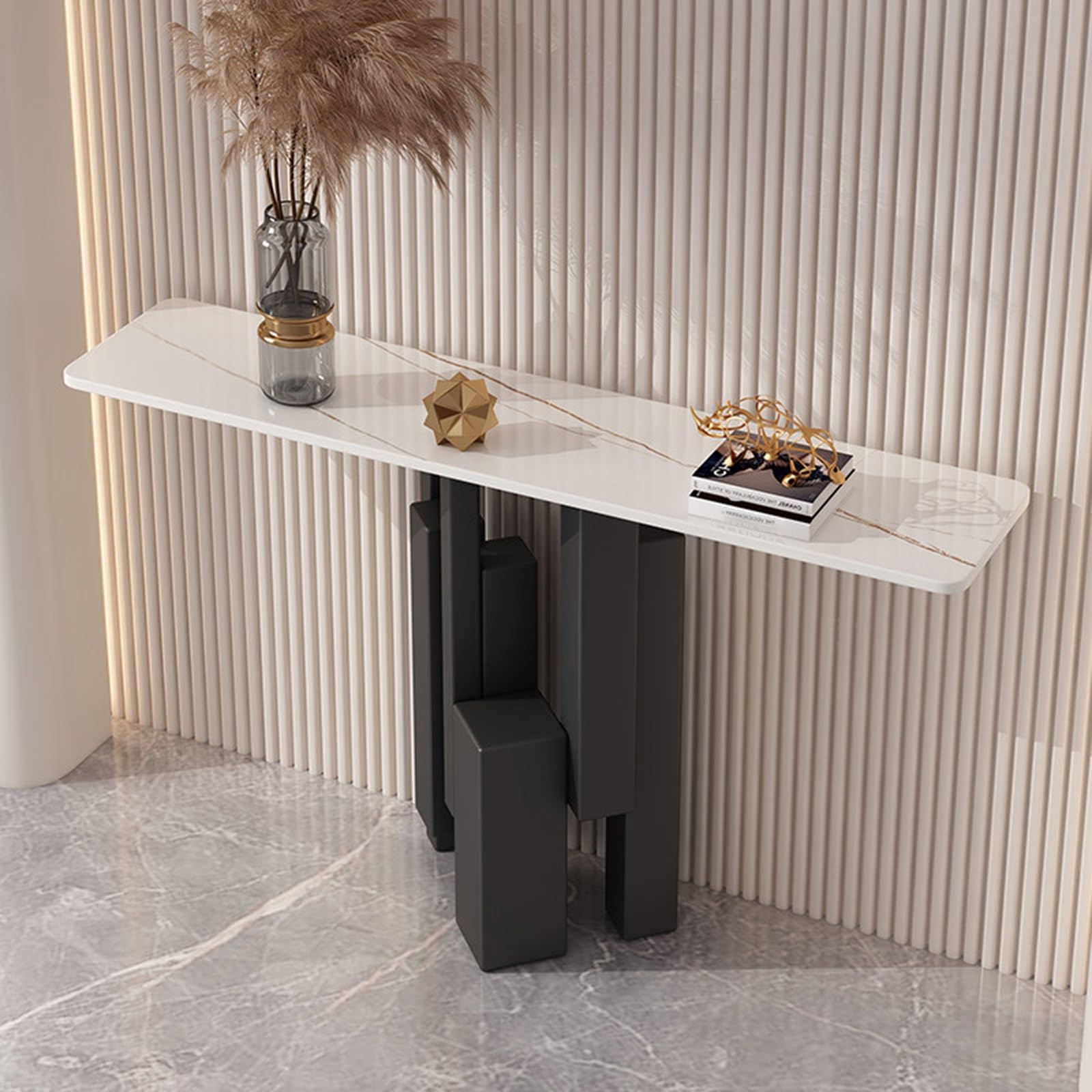 MESCXTY Sintered Stone Console Table, Decorative Entryway Sofa Table with Staggered Column Metal Frame Contemporary,Creative Alloy Leg,for Living Room, Hallway, Foyer(White+Black,59in)