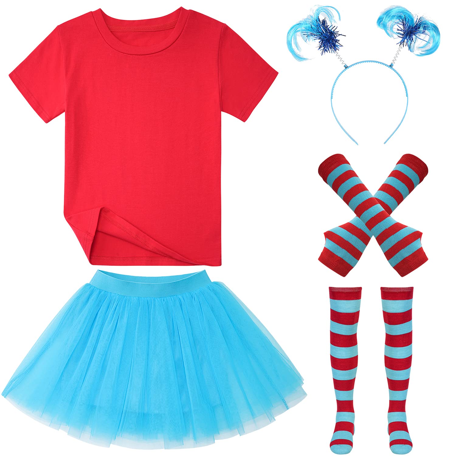 Girls Halloween Costumes Outfits Accessories Red Shirts Blue Tutu Skirt Headband Gloves Socks