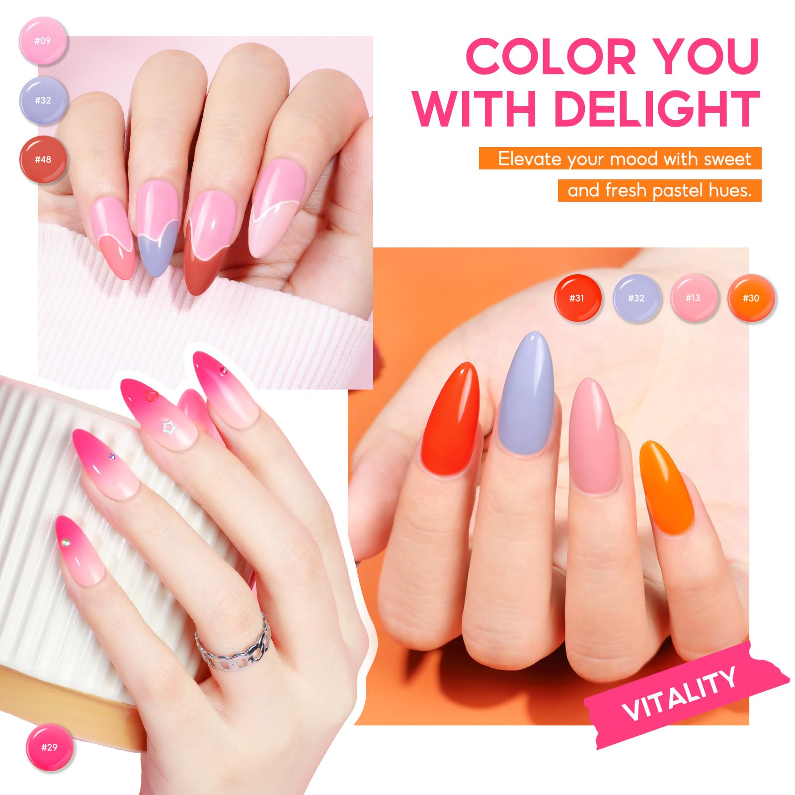 COSCELIA 40Pcs Vernis Semi Permanent, 35 Couleurs Vernis Gel UV Semi Permanent avec Base Coat Top Coat Mat Brillant Pailleté, Rouge Blanc Rose UV/LED Vernis à Ongles pour DIY Kit Manucure