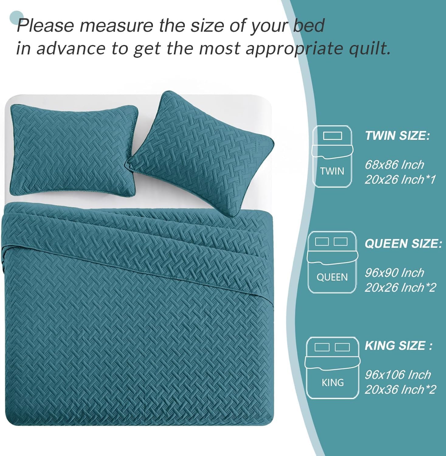 Exclusivo Mezcla Soft Quilt Set King Size, 3 Pieces Lightweight Quilts Teal Bedspreads Coverlets Bedding Set for All Seasons, Weave Pattern - Image 5